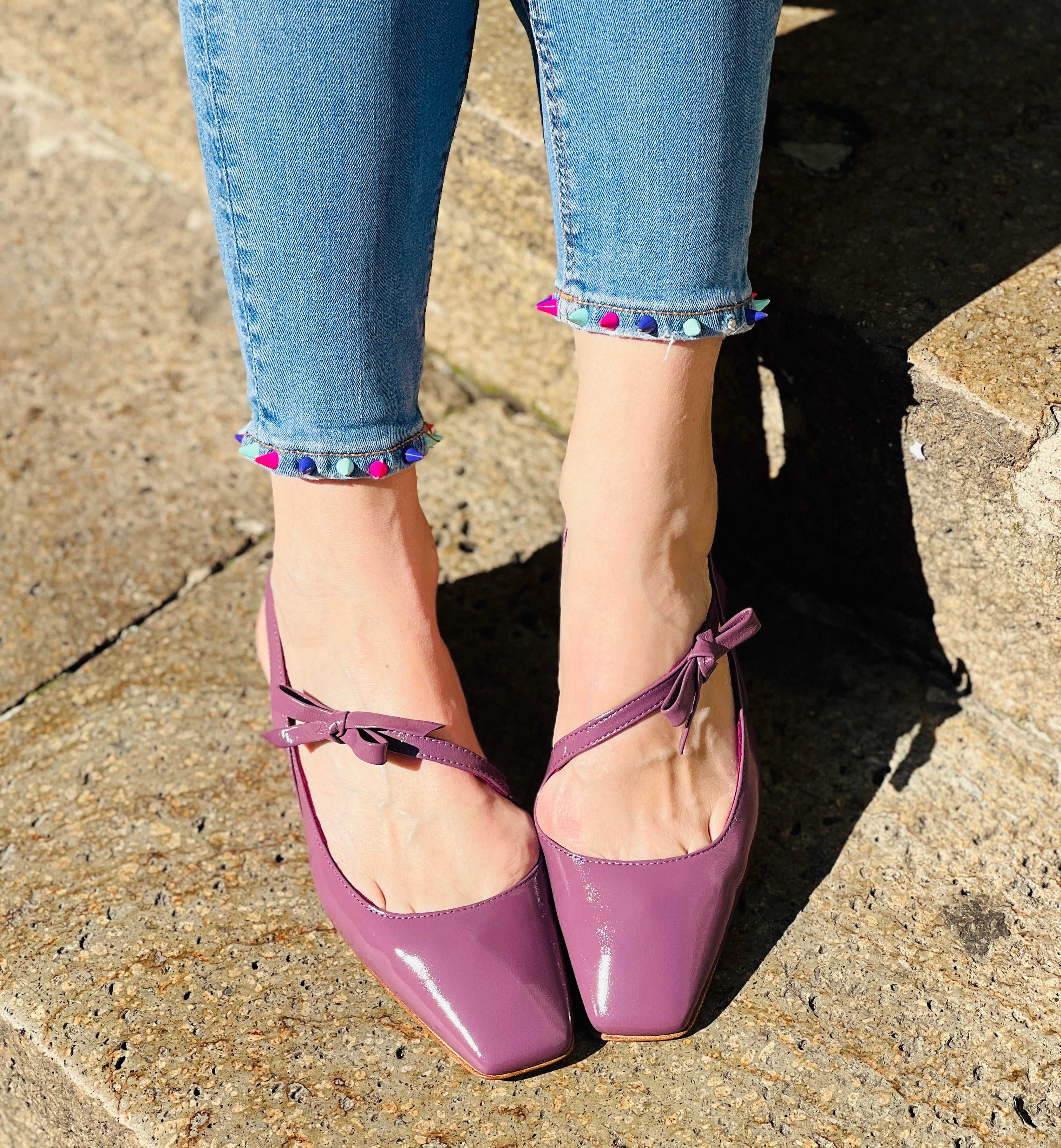 Image of Miami Uva ballerina chanel in pelle viola tacco 1 cm artigianale marchigiana