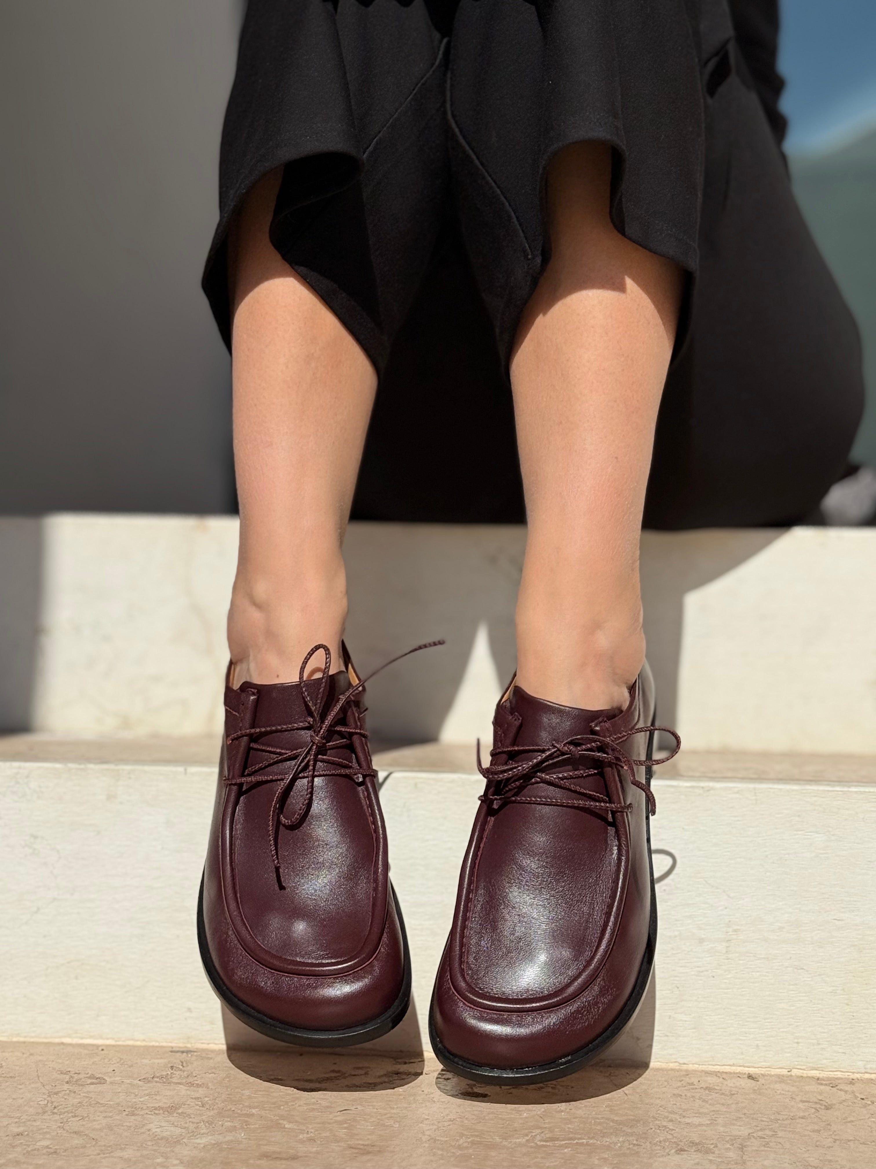 Image of Tenebra Wine mocassino allacciato in nappa bordeaux - 2 cm - lavorazione artigianale