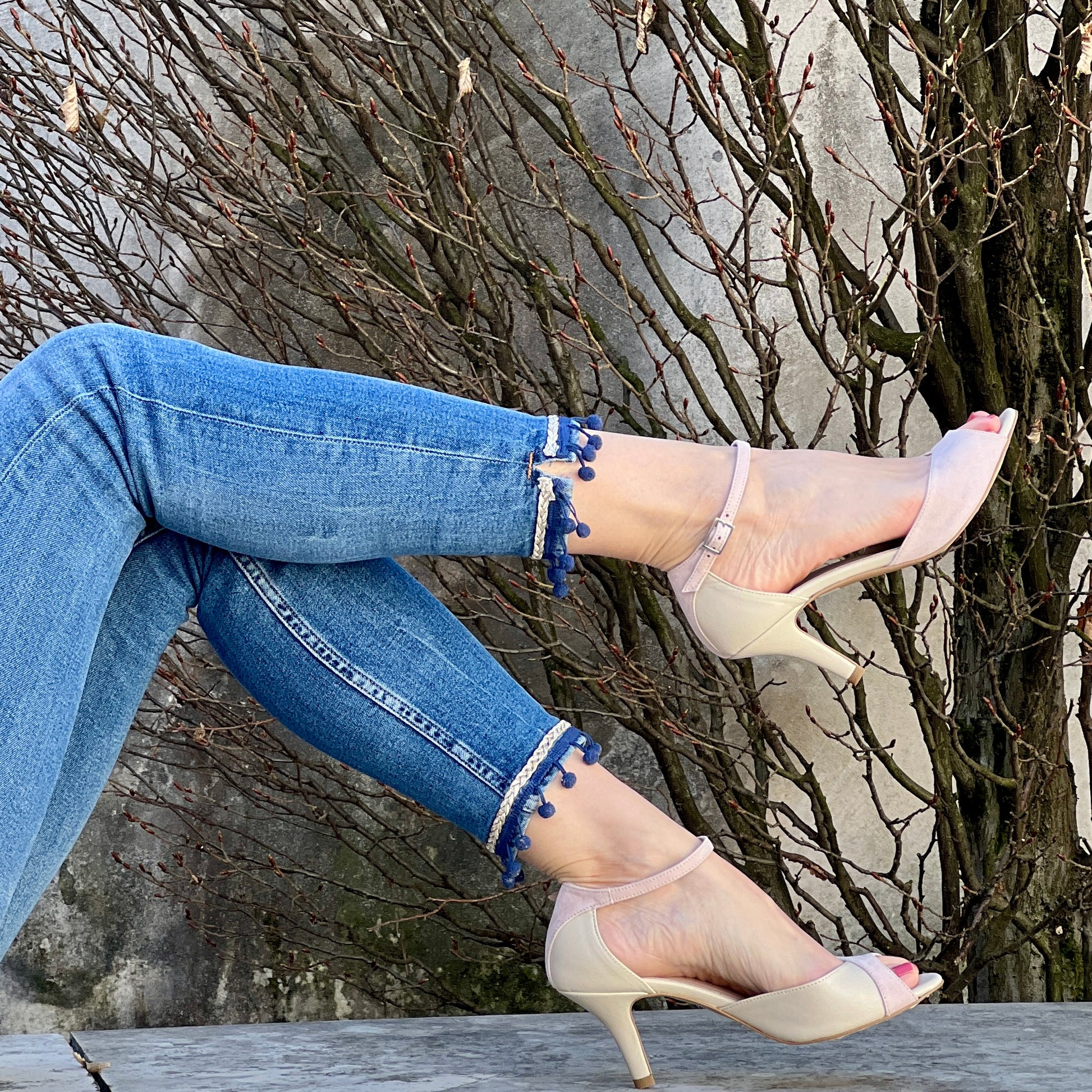 Fulmine Crema sandalo in nappa panna e camoscio rosa tacco 8 artigianale pugliese