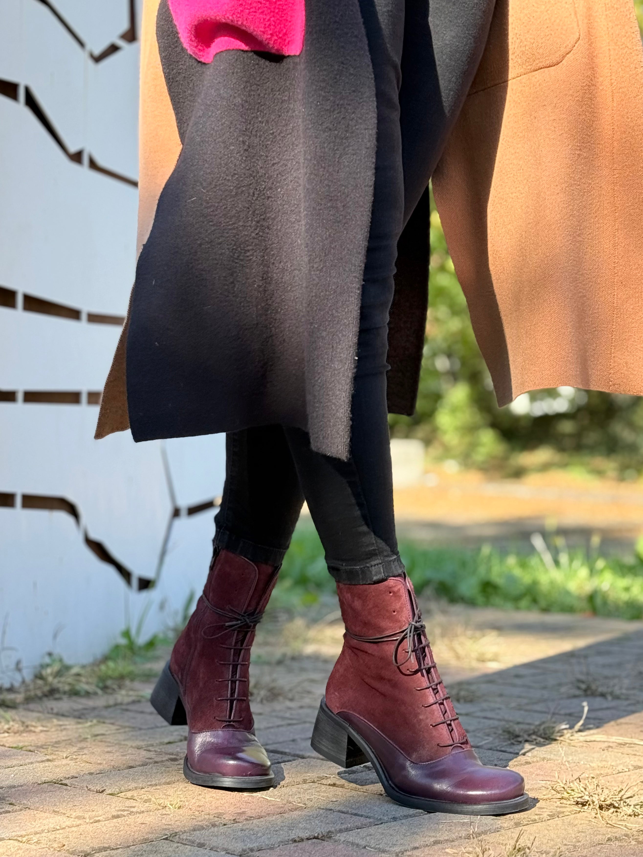 Ladymimi Wine tronchetto in pelle e camoscio bordeaux tacco 5 artigianale marchigiana