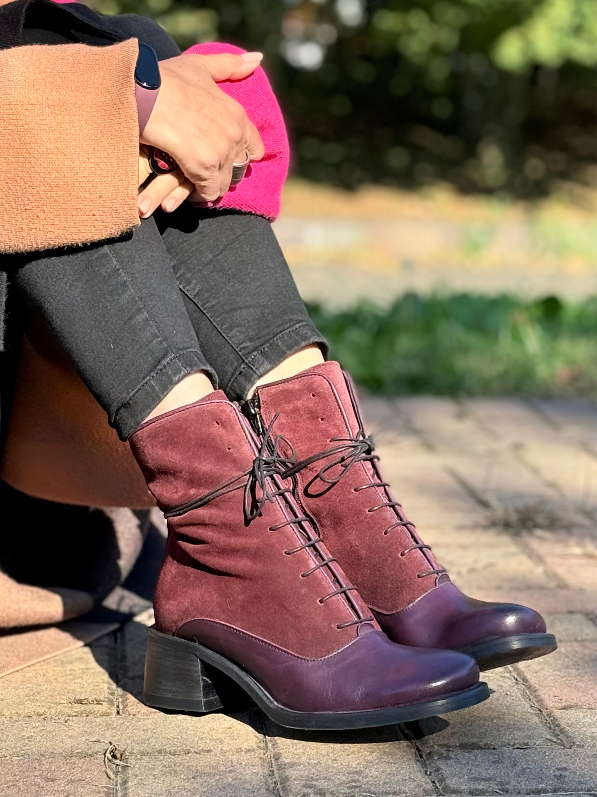 Ladymimi Wine tronchetto in pelle e camoscio bordeaux tacco 5 artigianale marchigiana
