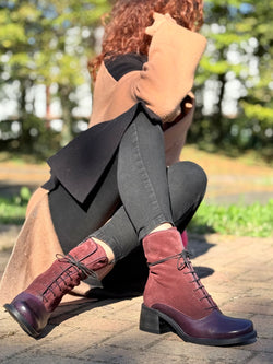 Image of Ladymimi Wine tronchetto in pelle e camoscio bordeaux tacco 5 artigianale marchigiana