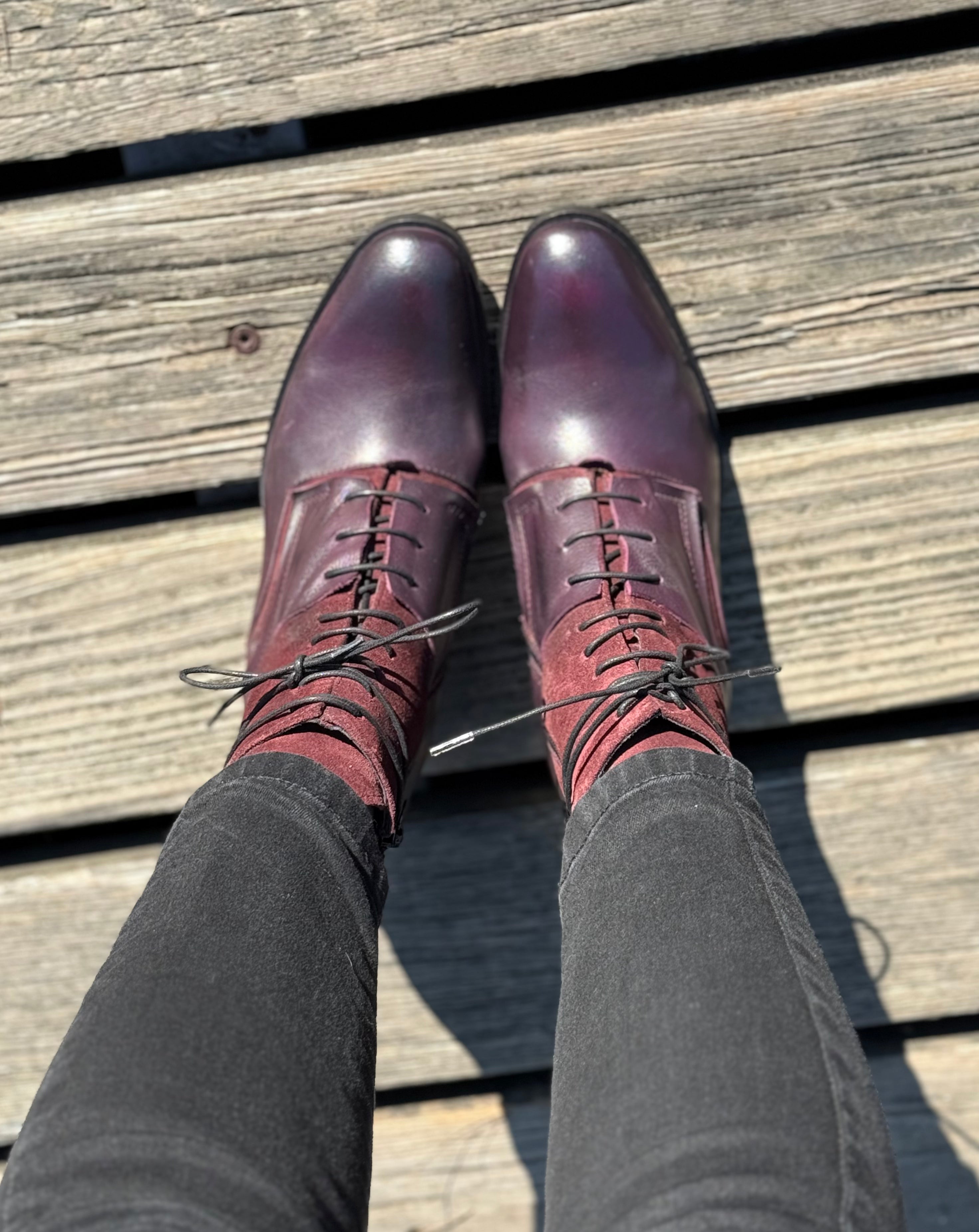 Byron Wine tronchetto allacciato con tacco 6 cm in pelle bordeaux artigianale marchigiana