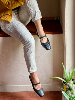 Image of Setter Black ballerina chanel in pelle nera artigianale marchigiana