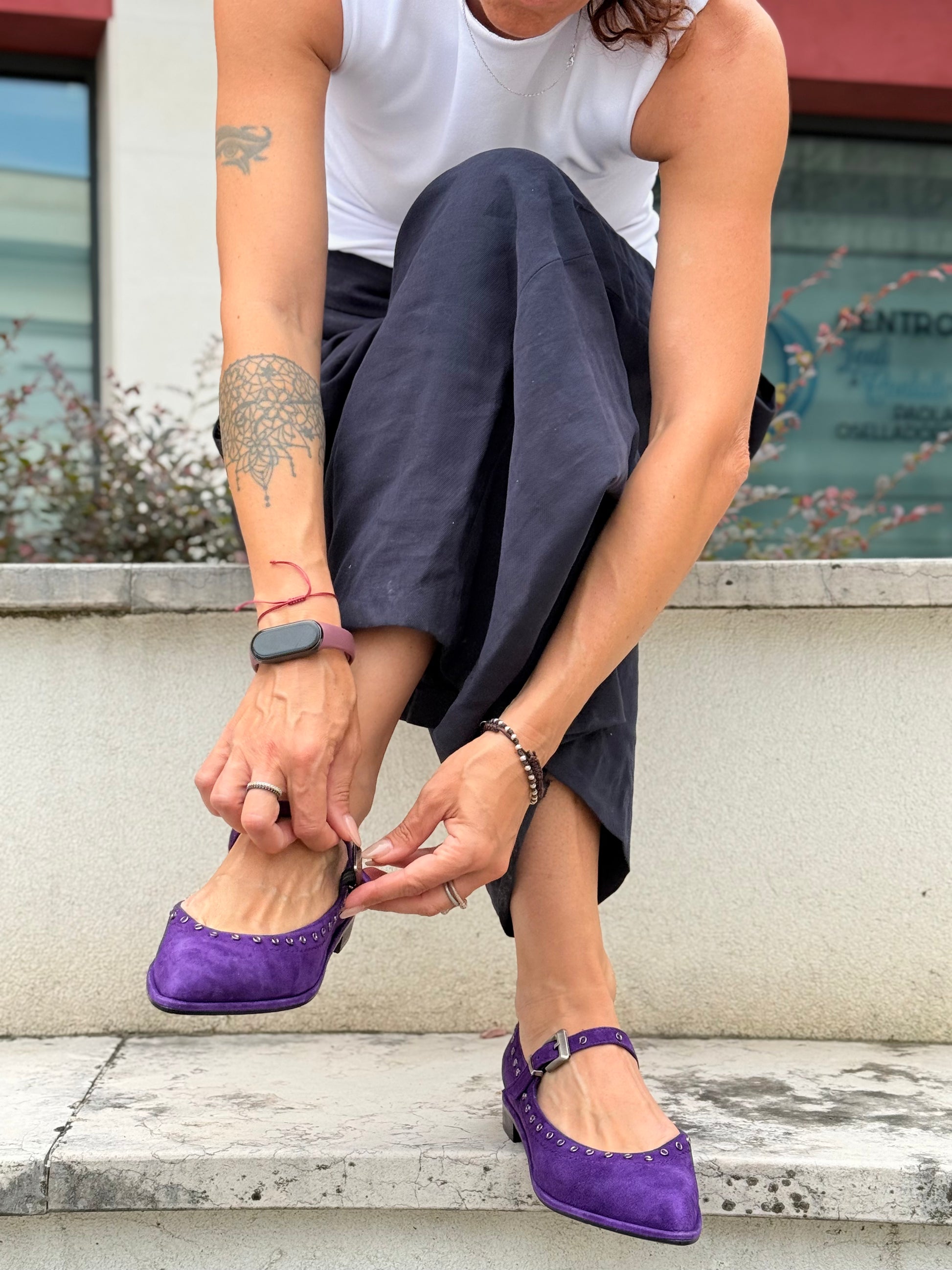 Partout Purple ballerina mary jane in camoscio viola tacco 2 artigianale marchigiana
