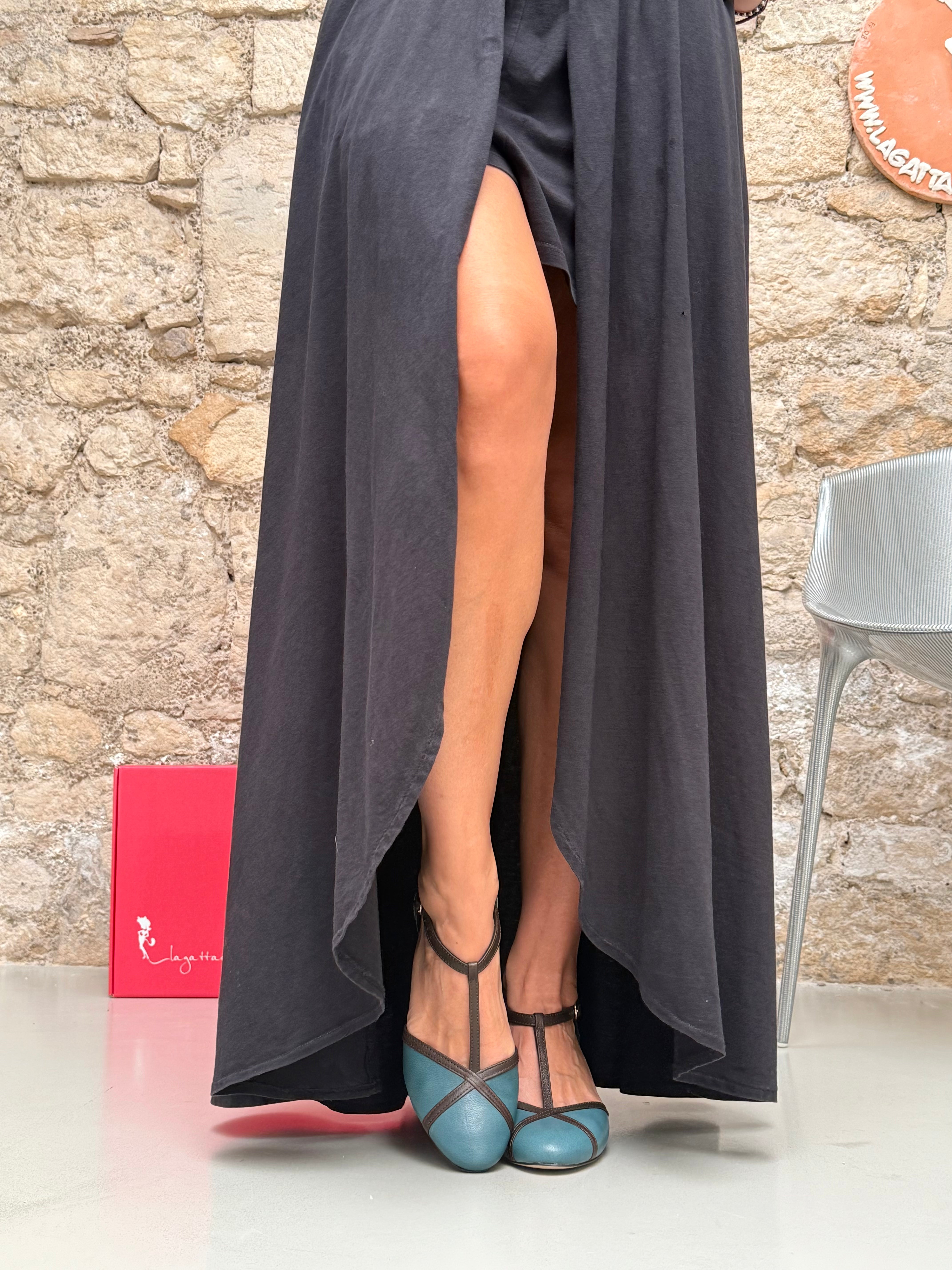 Image of Bach Pet décolleté t-bar in nappa petrolio tacco 5 artigianale marchigiana