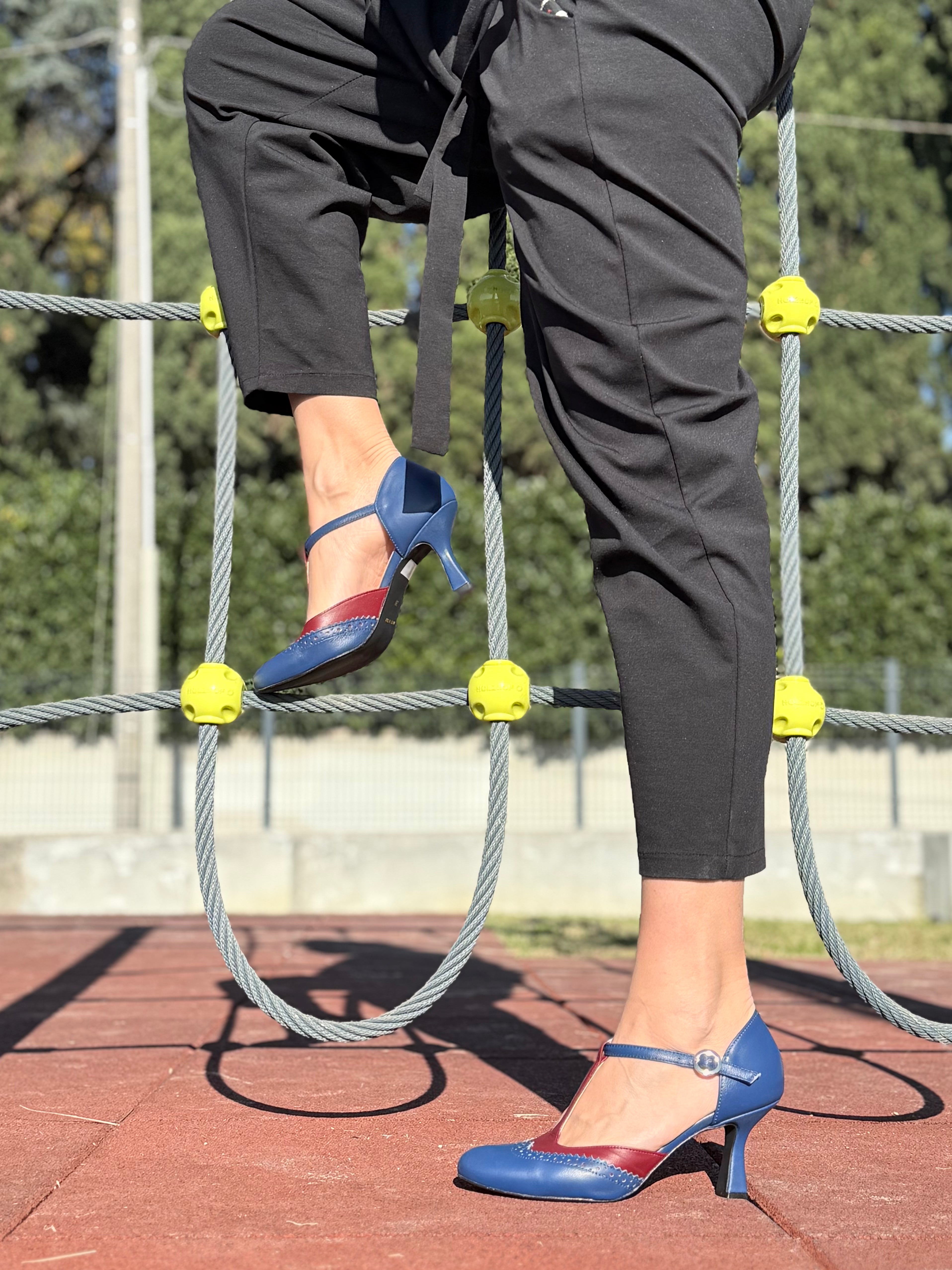 Image of Aura Navy decollete t-bar in pelle blu artigianale pugliese