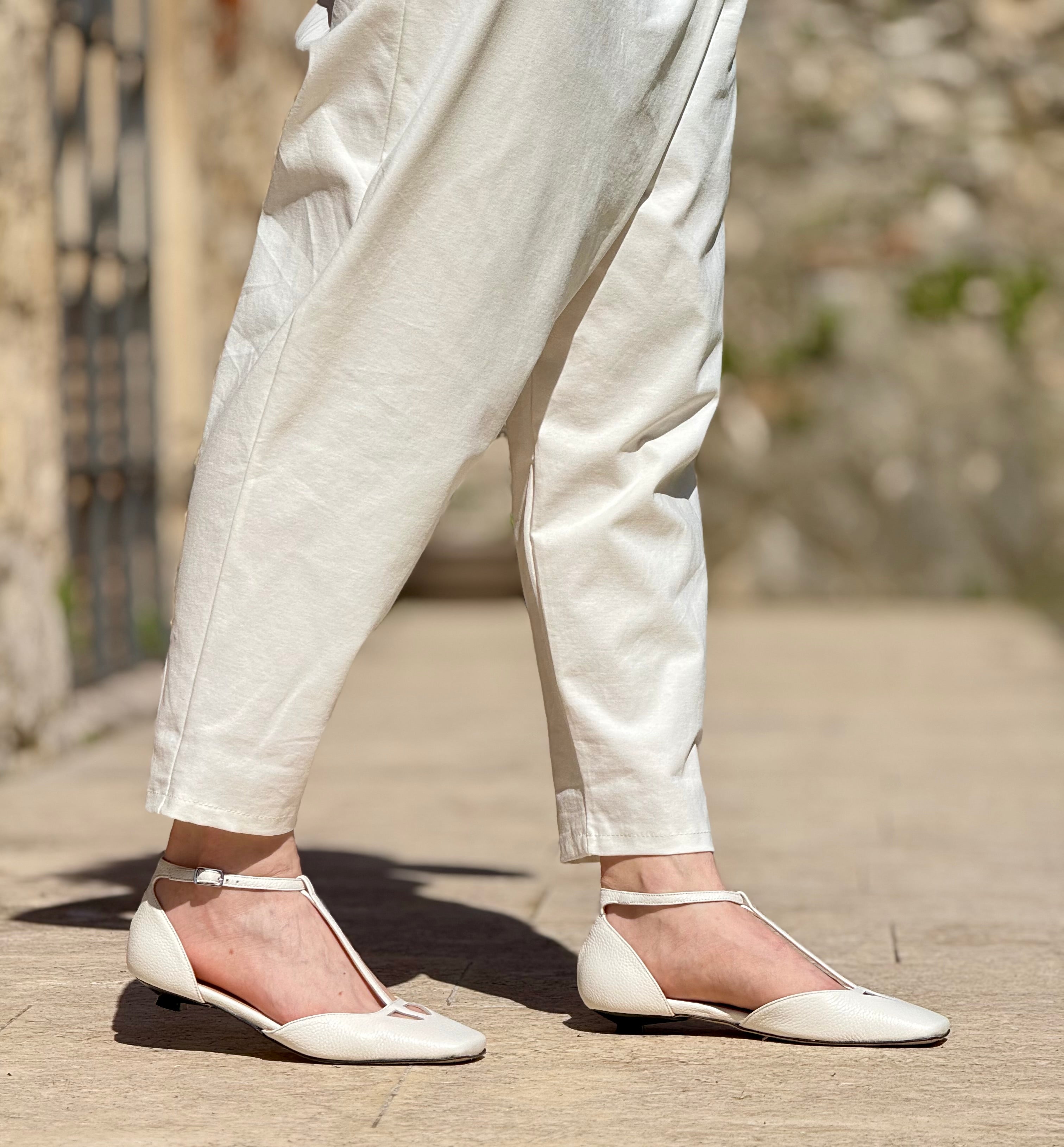 Anakin White ballerina in pelle bianca tacco 1 lavorazione artigianale marchigiana