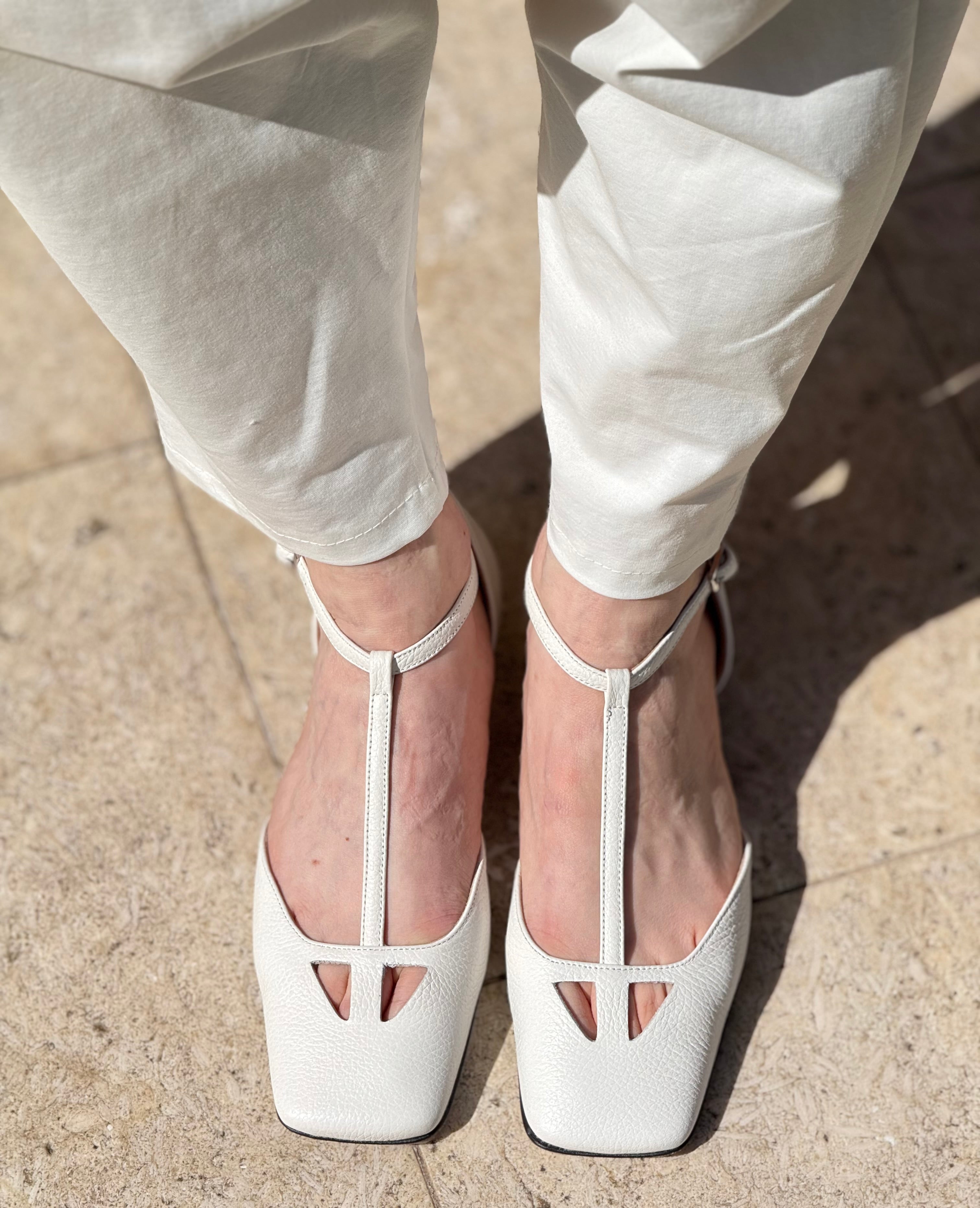 Anakin White ballerina in pelle bianca tacco 1 lavorazione artigianale marchigiana