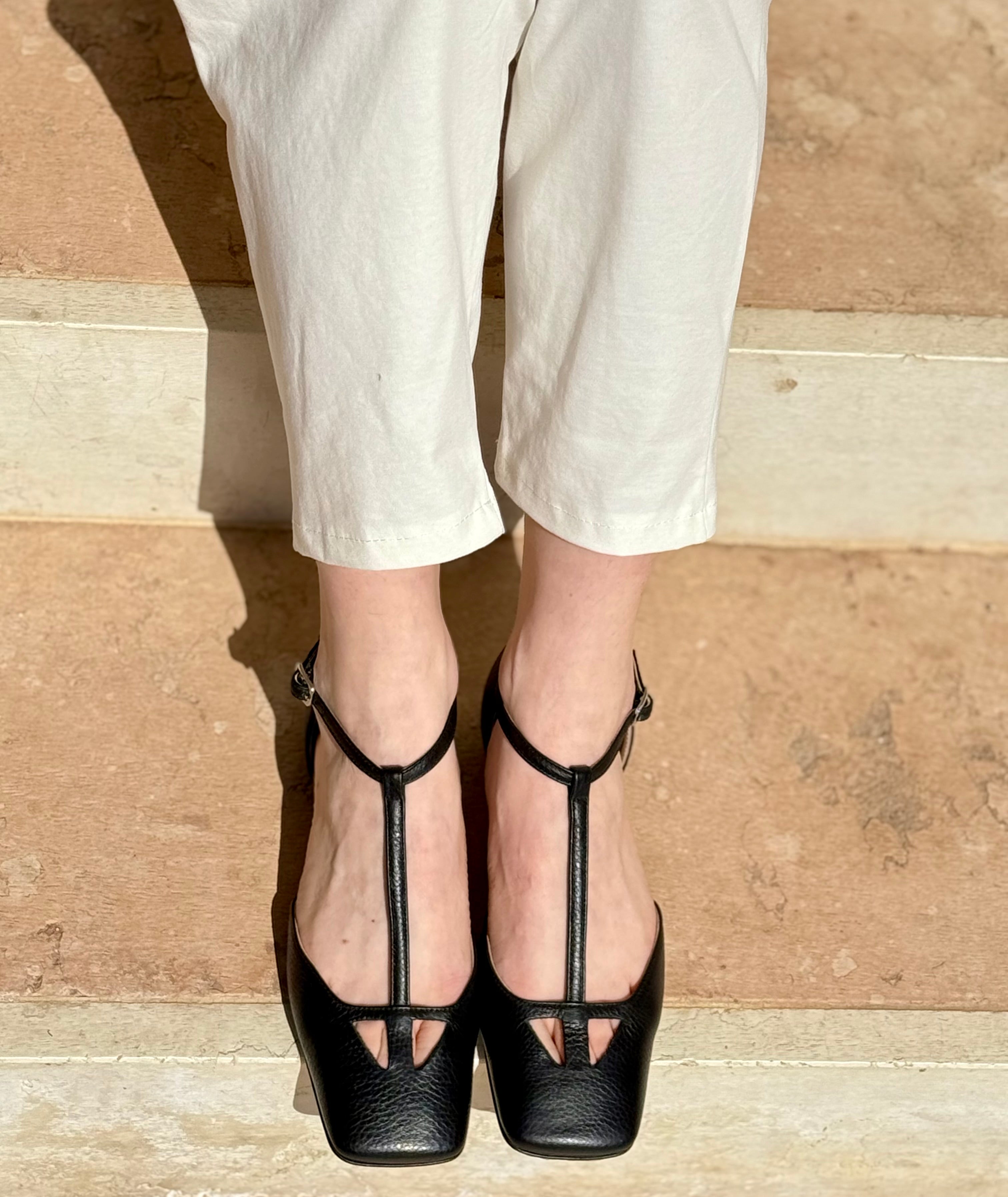 Anakin Black ballerina in pelle nera tacco 1 lavorazione artigianale marchigiana