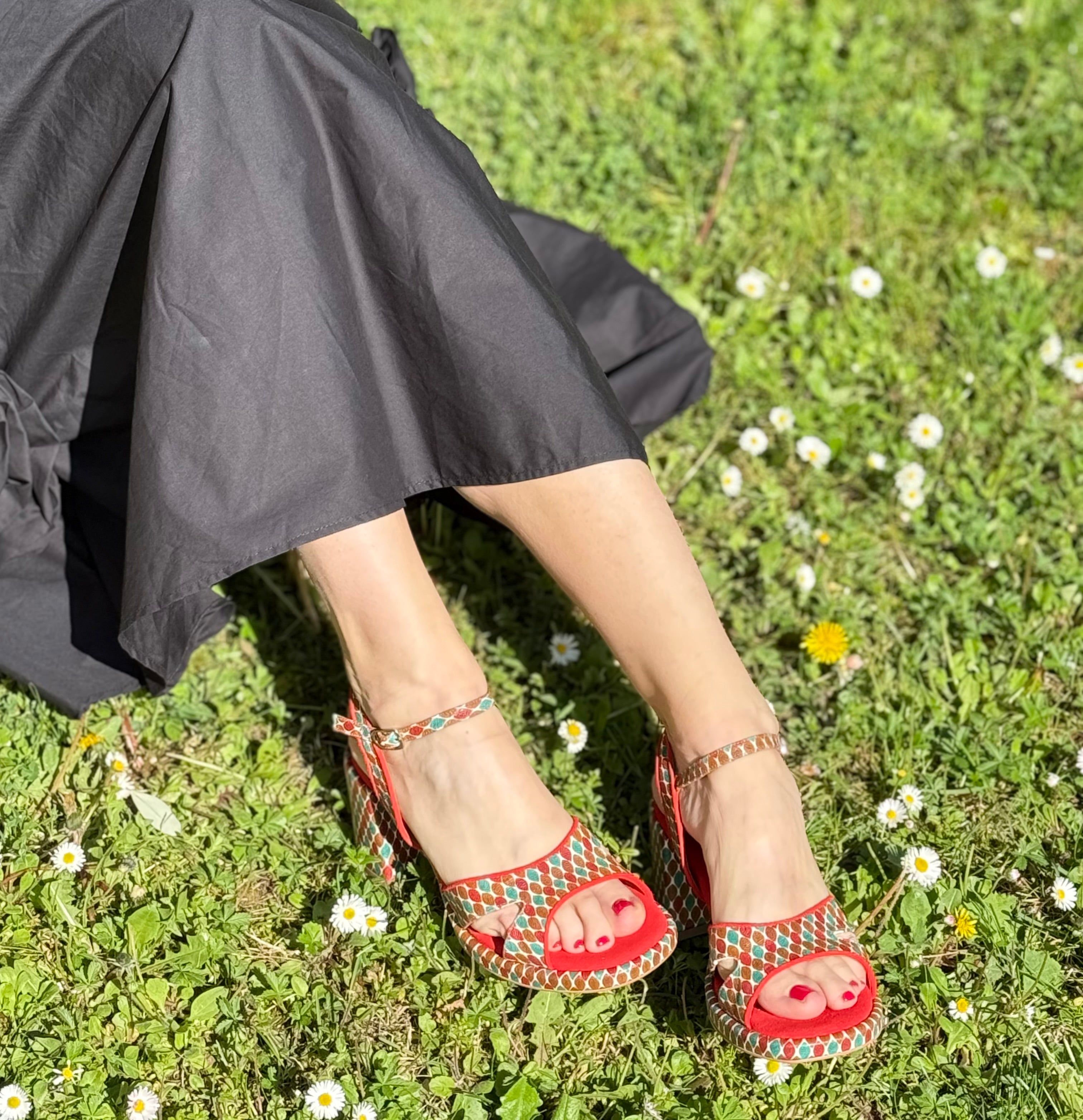 Image of Penolope Multi sandalo in pelle stampata tacco 8cm plateau 1.5cm artigianale Lagattaconglistivali