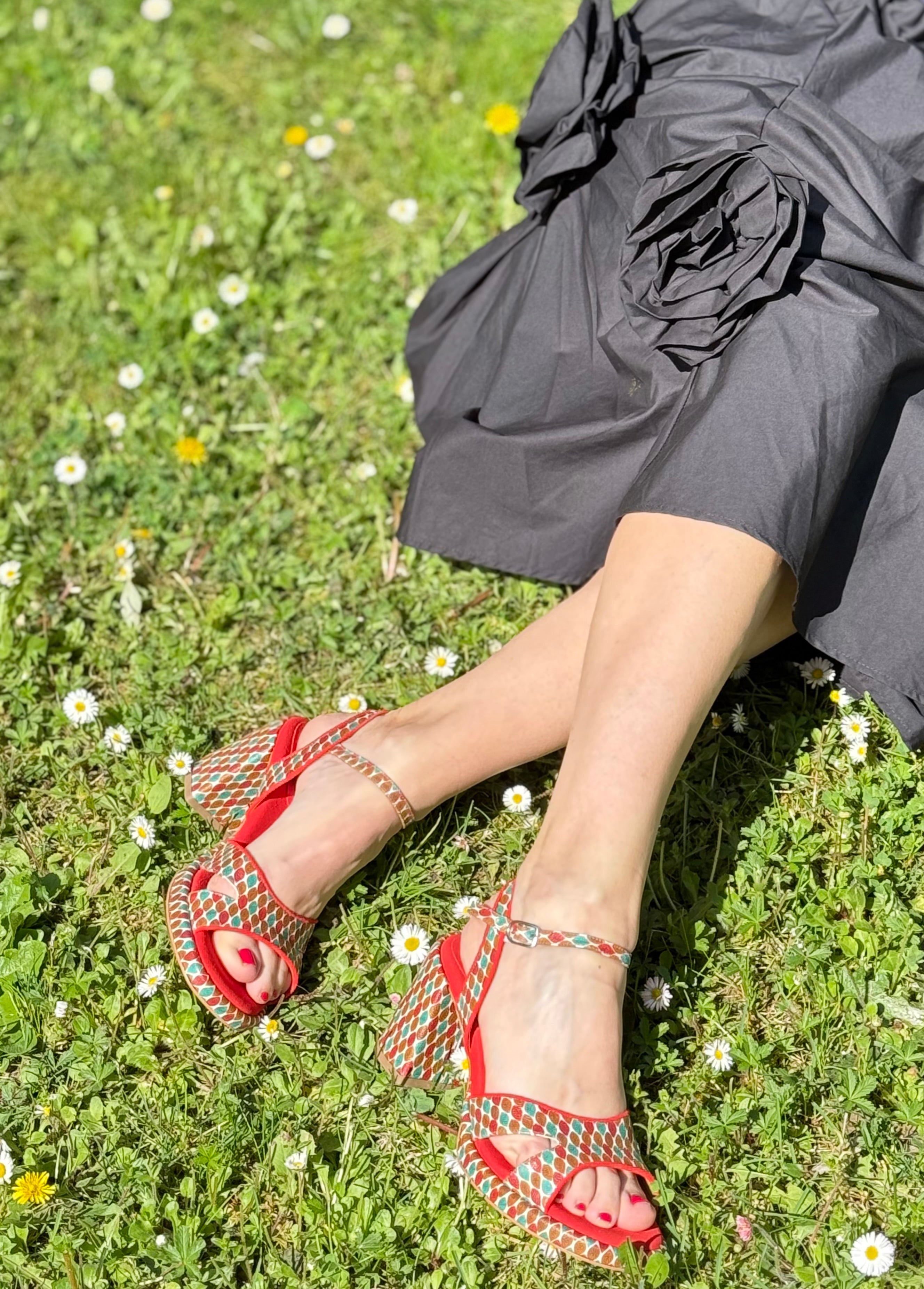 Image of Penolope Multi sandalo in pelle stampata tacco 8cm plateau 1.5cm artigianale Lagattaconglistivali