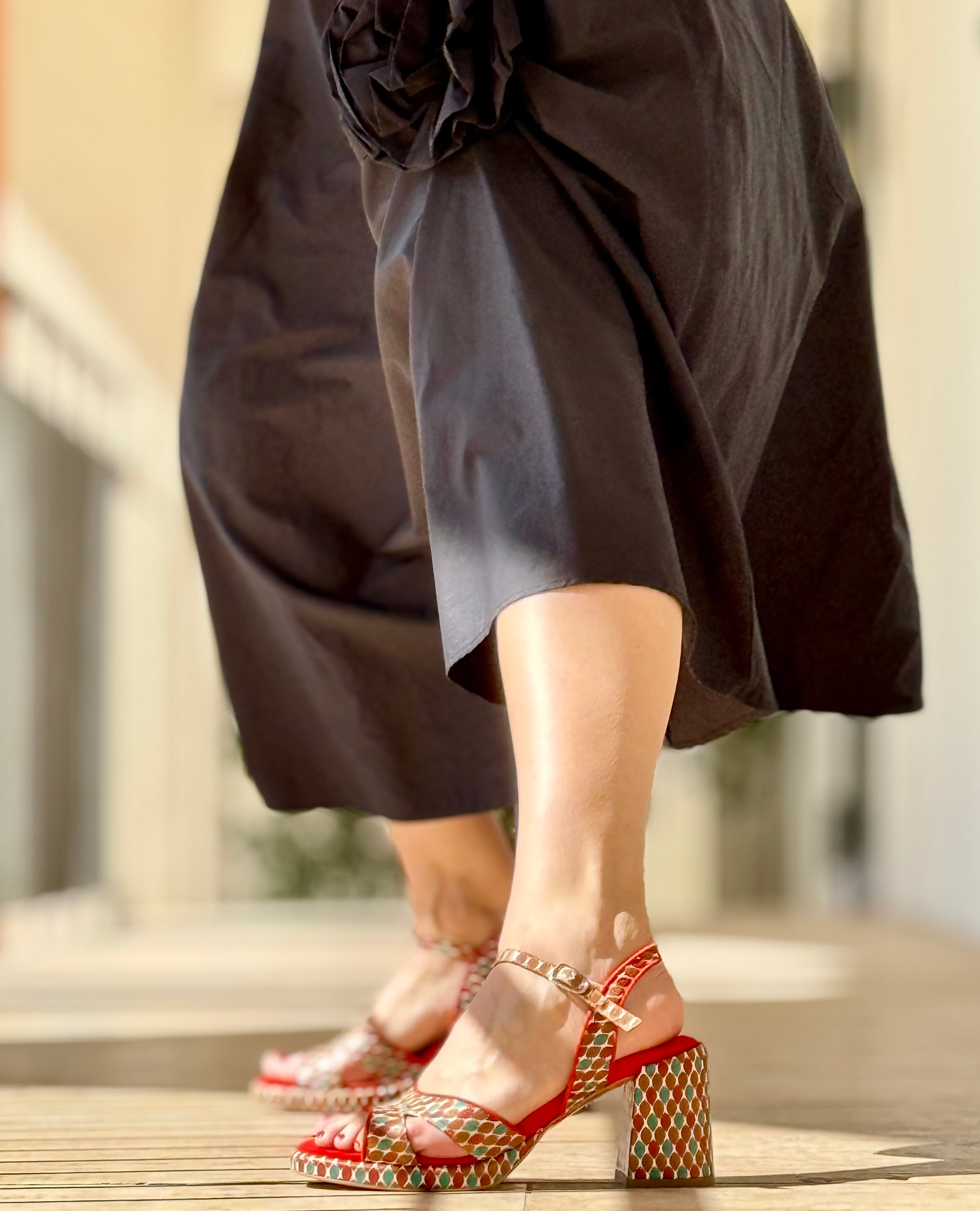 Image of Penolope Multi sandalo in pelle stampata tacco 8cm plateau 1.5cm artigianale Lagattaconglistivali