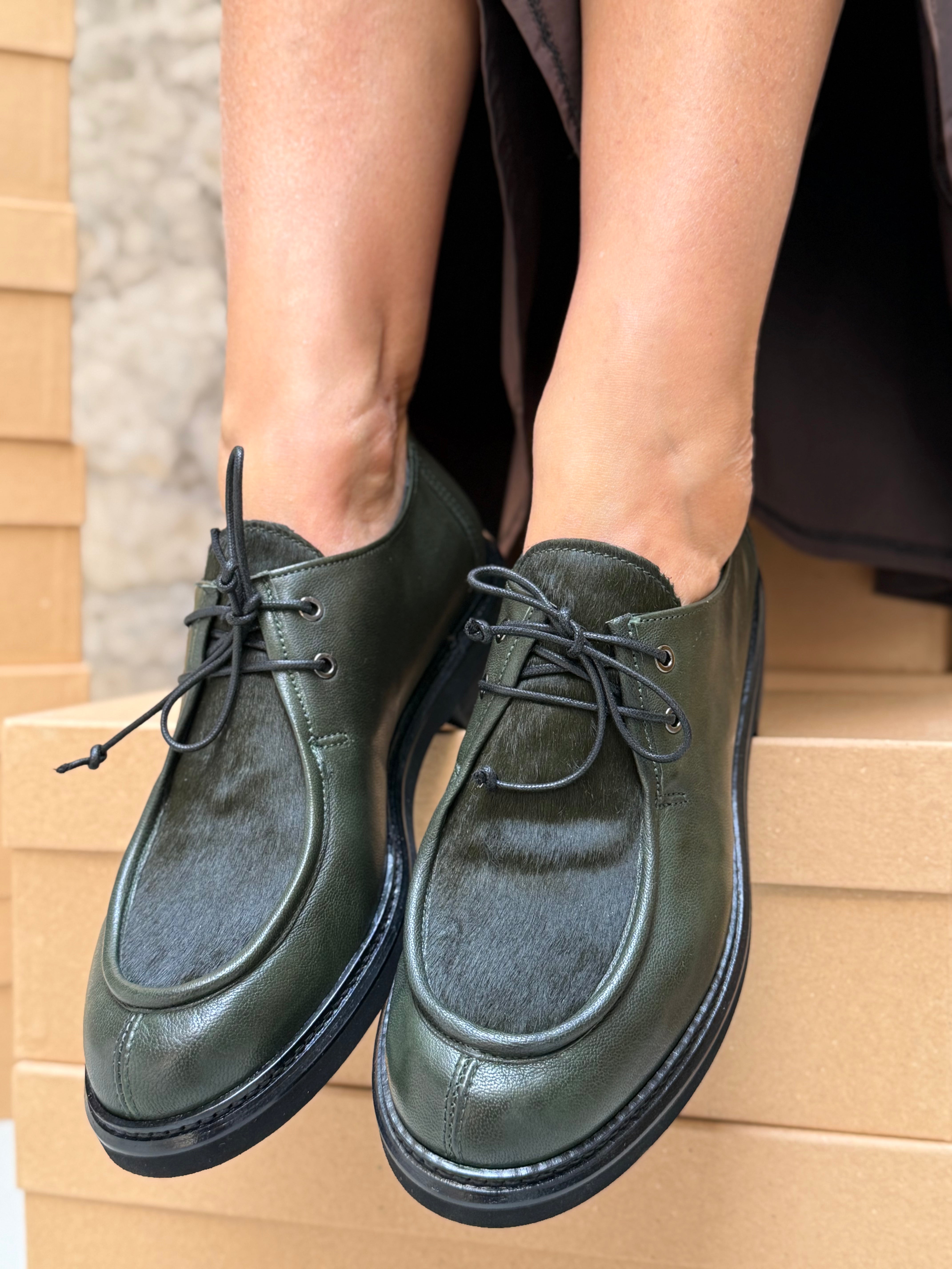 Image of Office Green ingegnere in nappa verde e cavallino - tacco 3 cm artigianale marchigiana