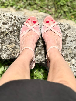 Image of Mizzi Cipria sandalo in nappa e velluto rosa tacco 6 cm artigianale pugliese