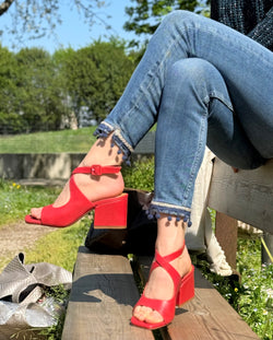 Image of Blanca Cora sandalo chanel in nappa corallo tacco 7 cm lavorazione artigianale