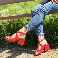 Image of Blanca Cora sandalo chanel in nappa corallo tacco 7 cm lavorazione artigianale