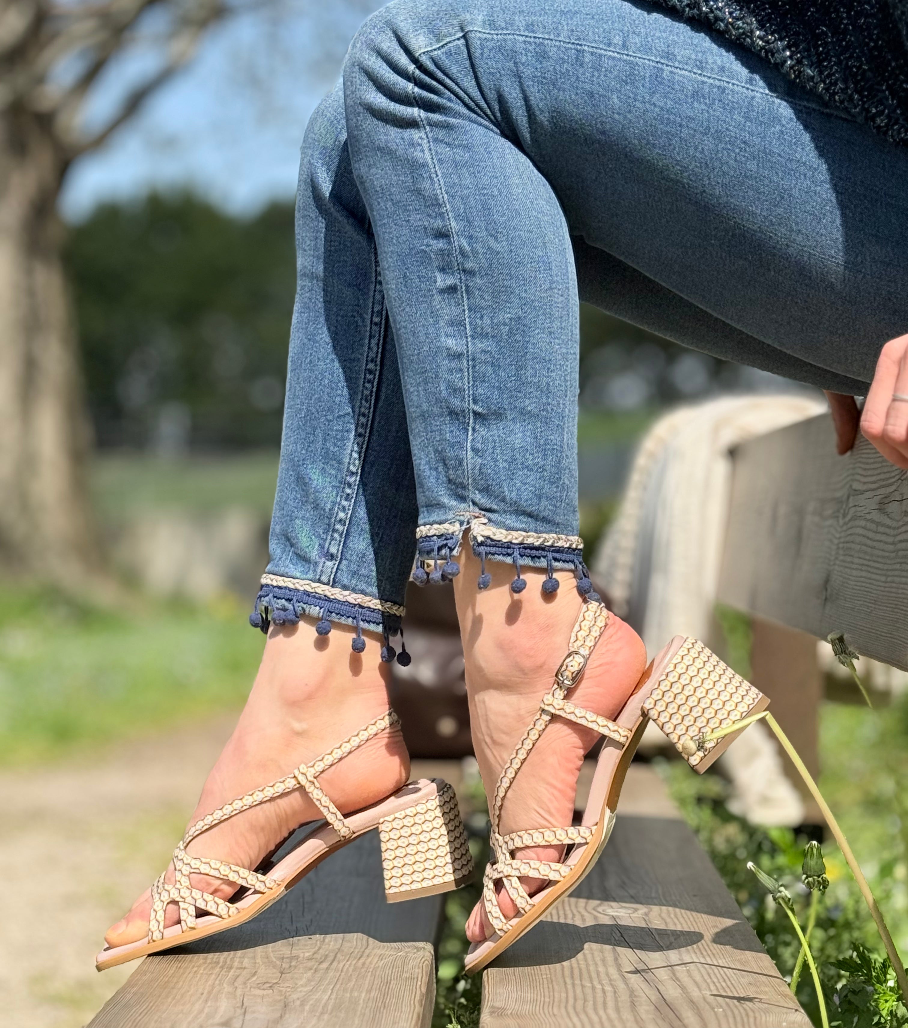 Image of Diaz Crema sandalo in tessuto stampato crema tacco 6 cm artigianale Lagattaconglistivali