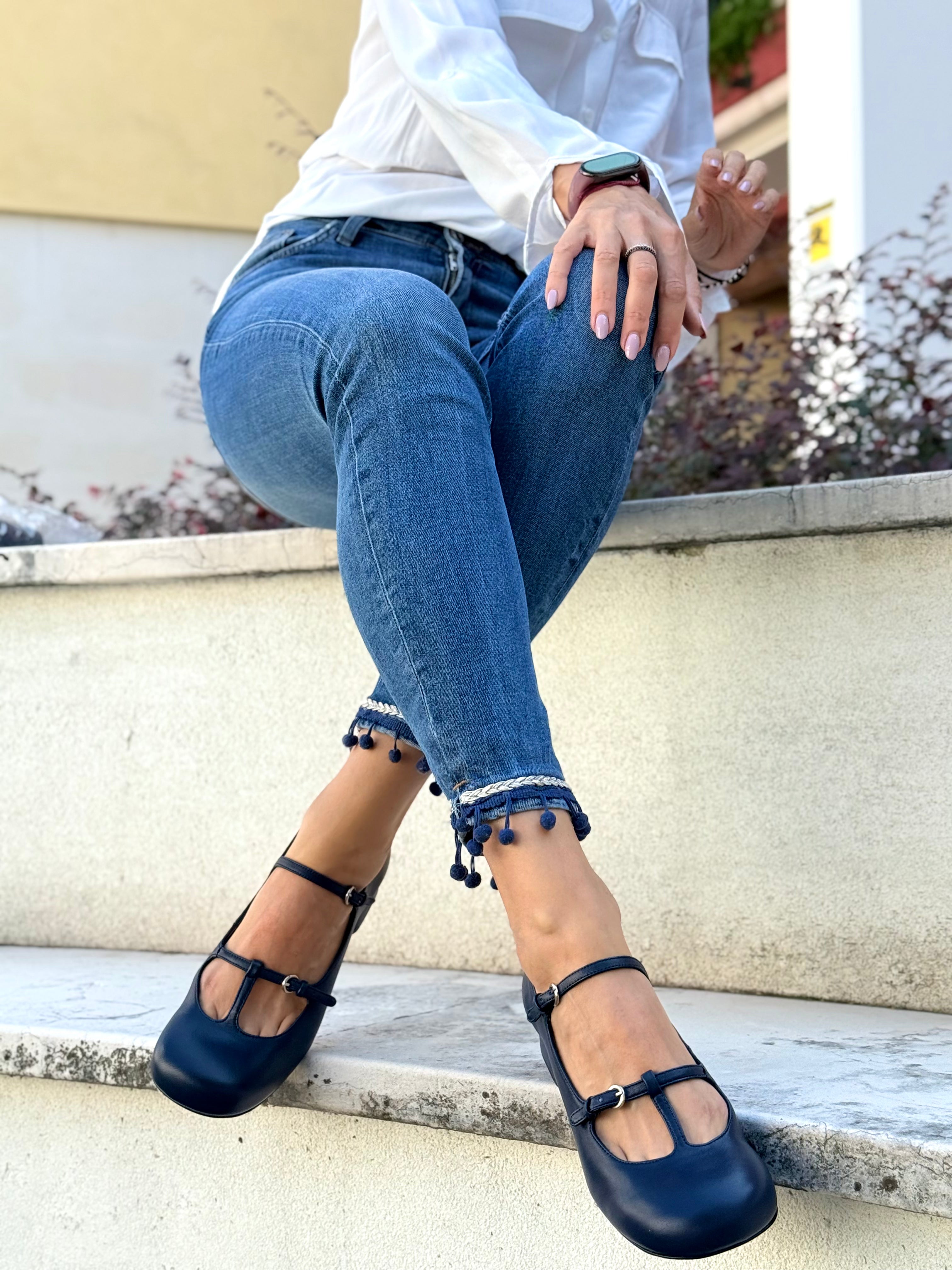 Image of Babette Navy maryjane in nappa blu tacco 3.5 artigianale lagattaconglistivali