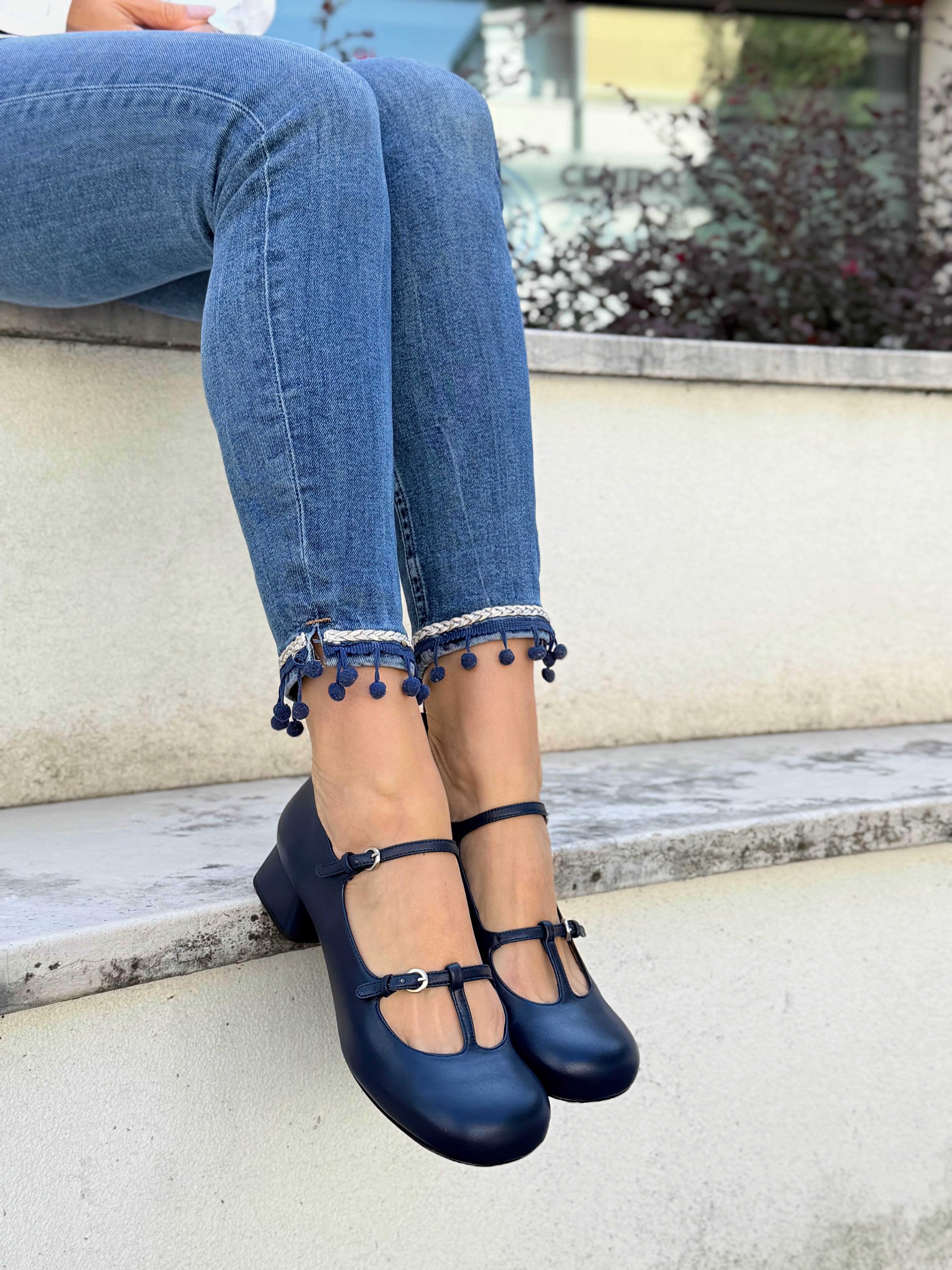 Image of Babette Navy maryjane in nappa blu tacco 3.5 artigianale lagattaconglistivali