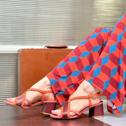 Image of Vivi Orange sandalo in nappa bordeaux e camoscio arancio tacco 6.5 lavorazione pugliese