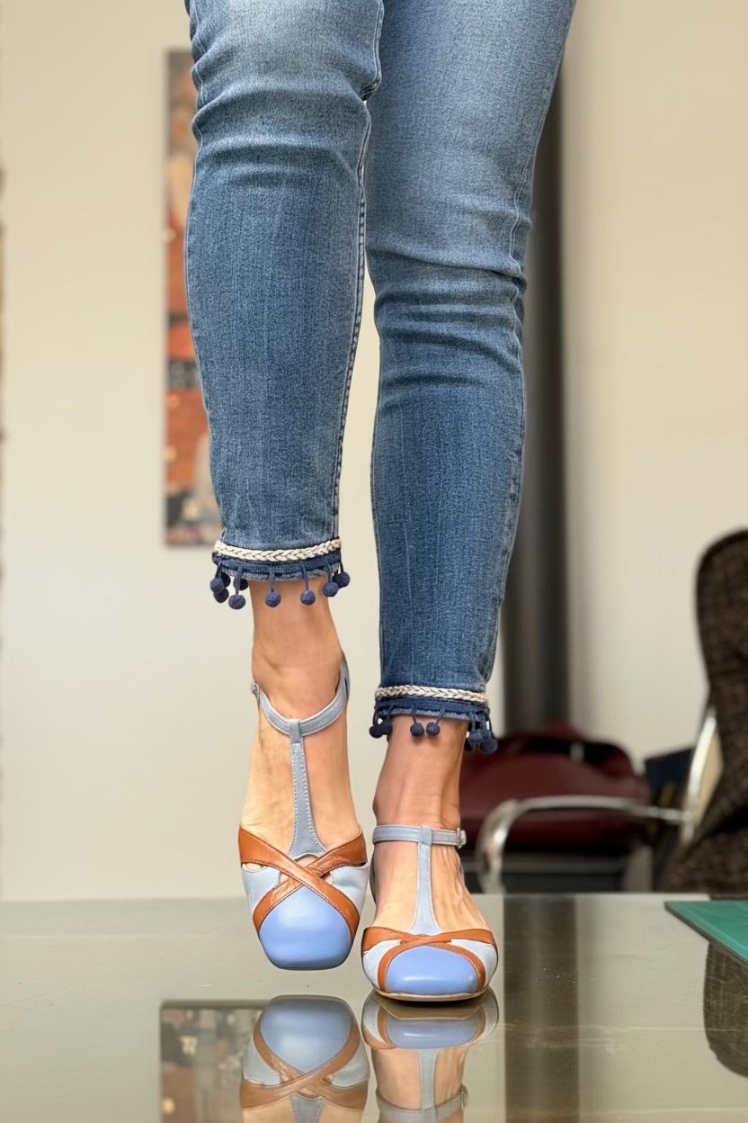 Image of Monella Jeans decollete t-bar in nappa celeste e marrone  e camoscio azzurro - tacco 3.5 lavorazione marchigiana