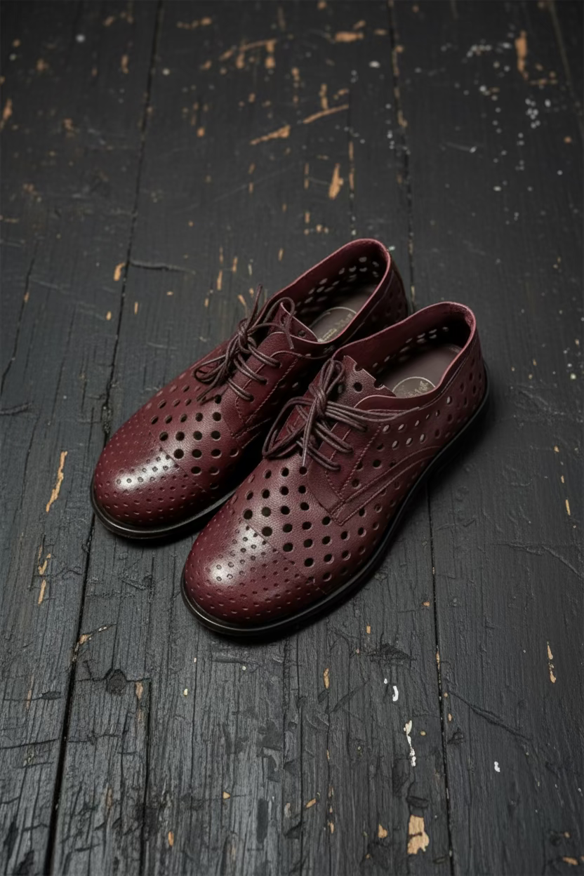 Image of Ladybug  Wine scarpa derby allacciata in pelle bordeaux forata artigianale marchigiana