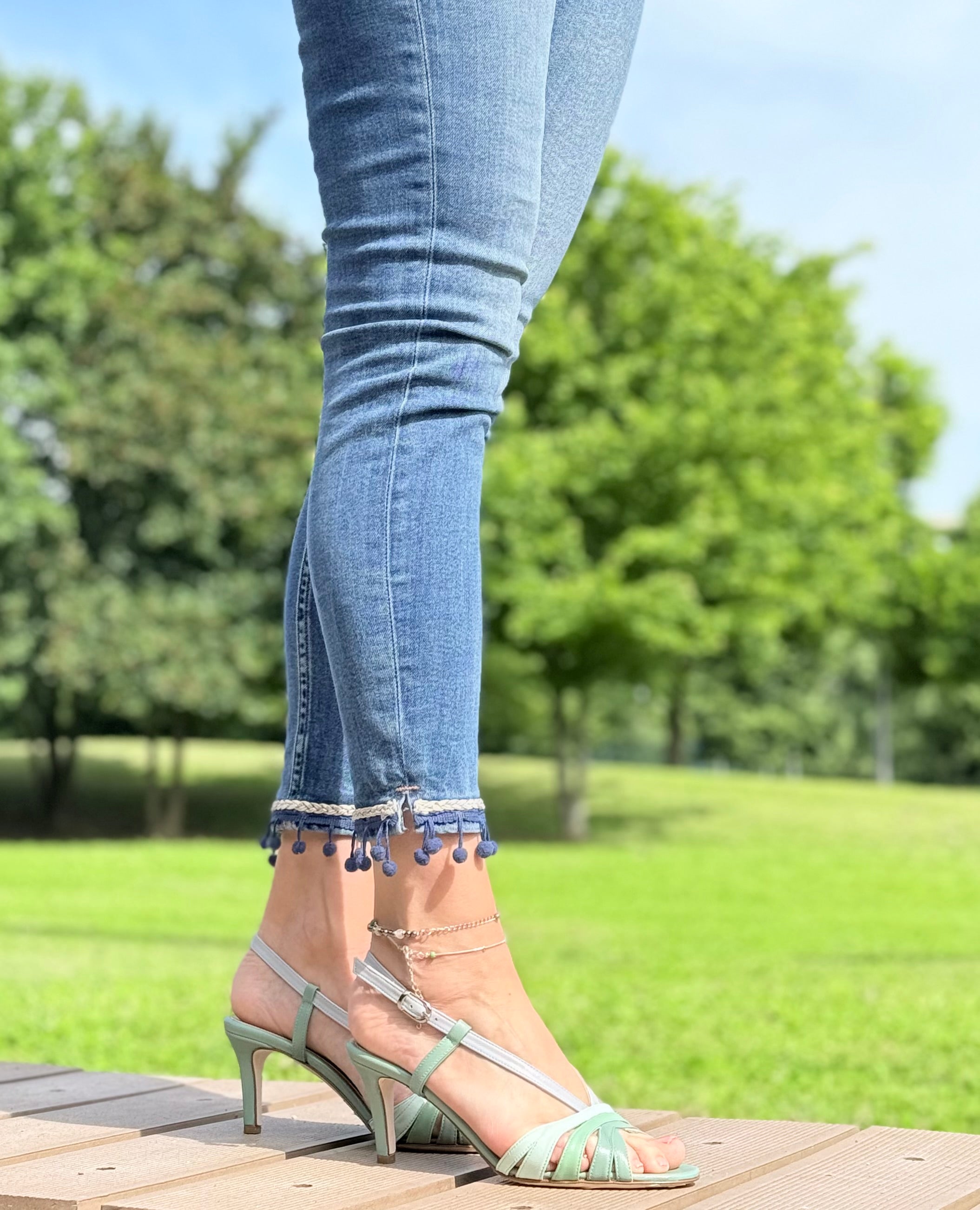 Image of Penta Ocean sandalo chanel in nappa azzurra tacco 7 artigianale toscana