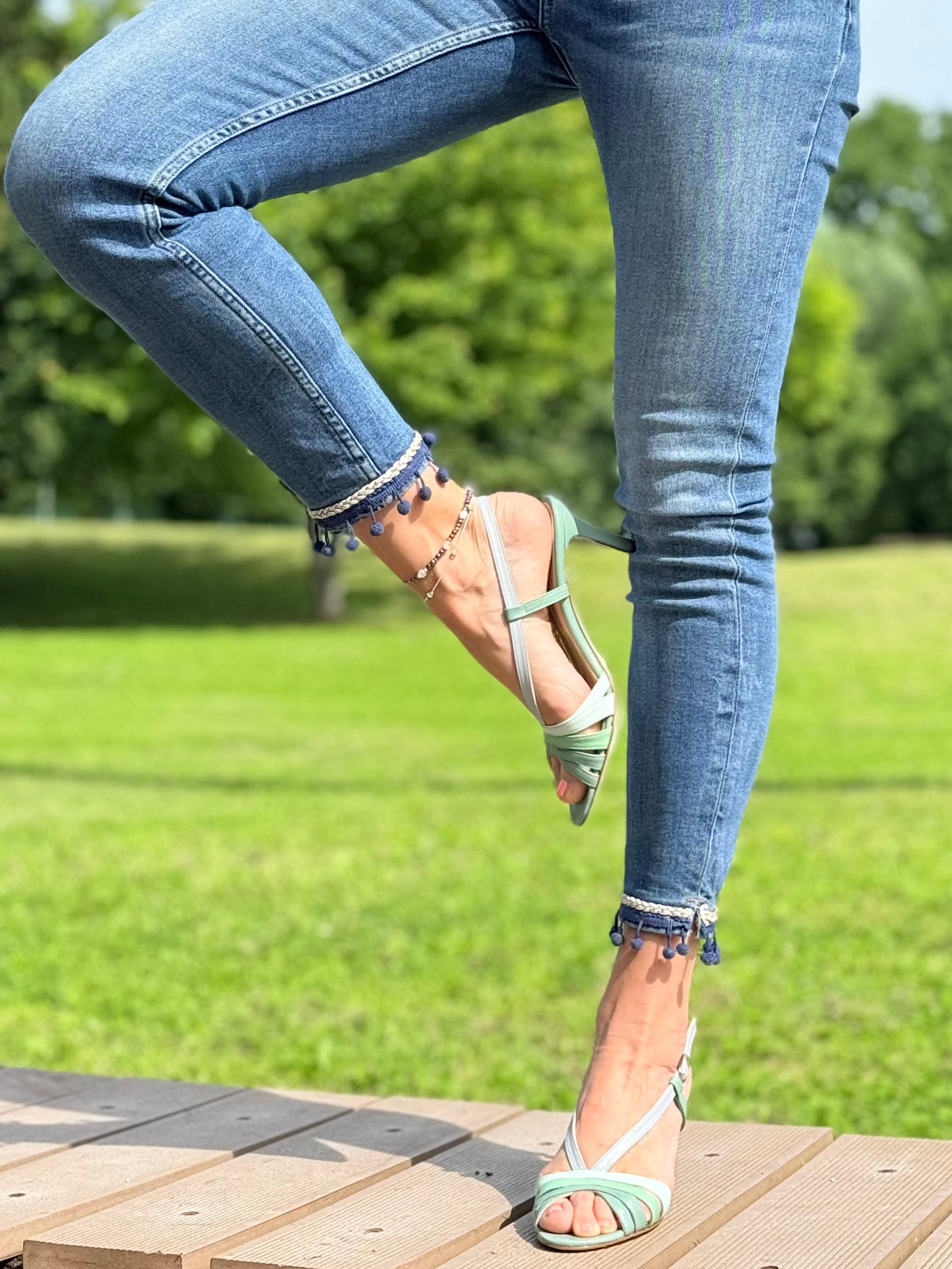 Image of Penta Ocean sandalo chanel in nappa azzurra tacco 7 artigianale toscana