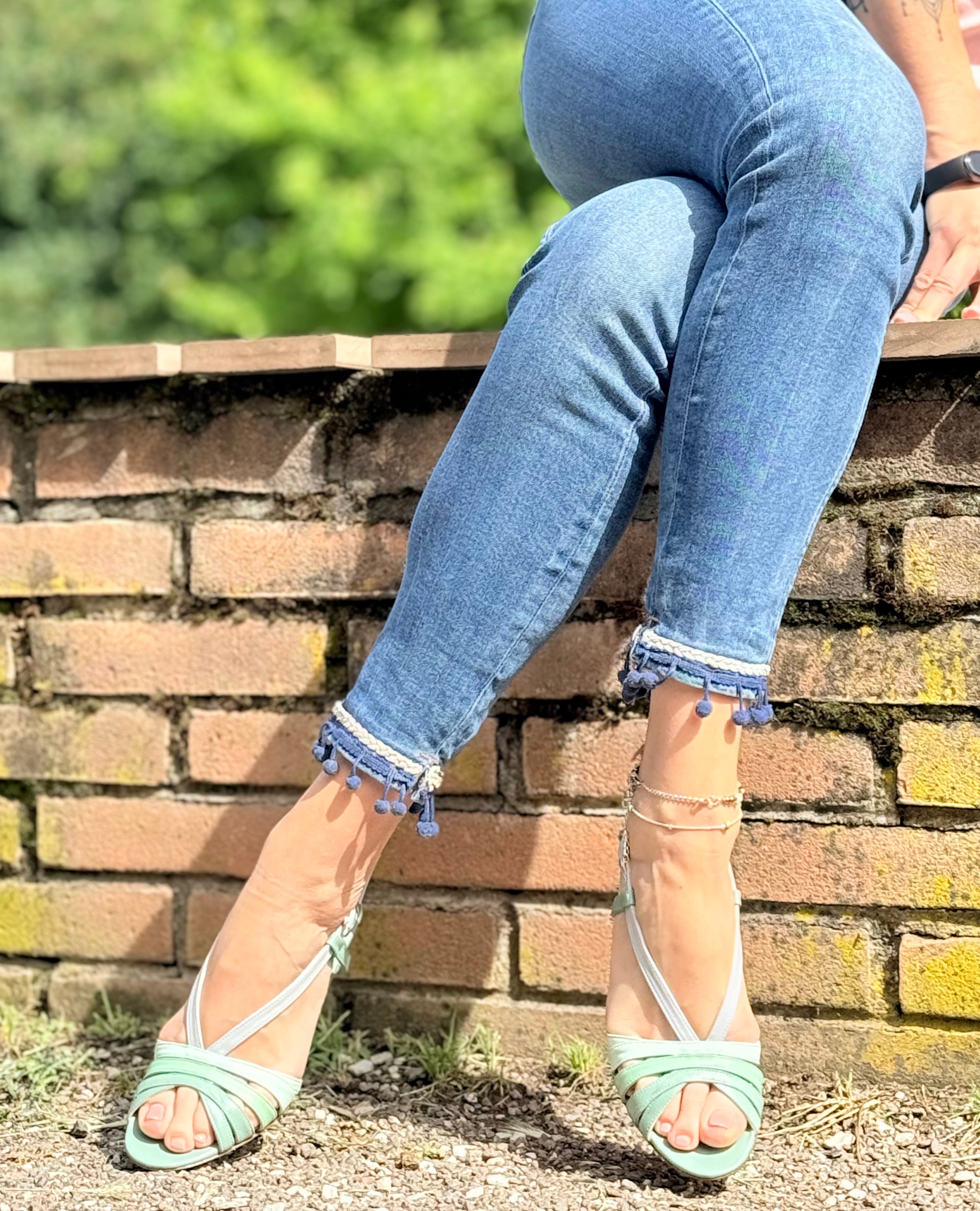 Image of Penta Ocean sandalo chanel in nappa azzurra tacco 7 artigianale toscana