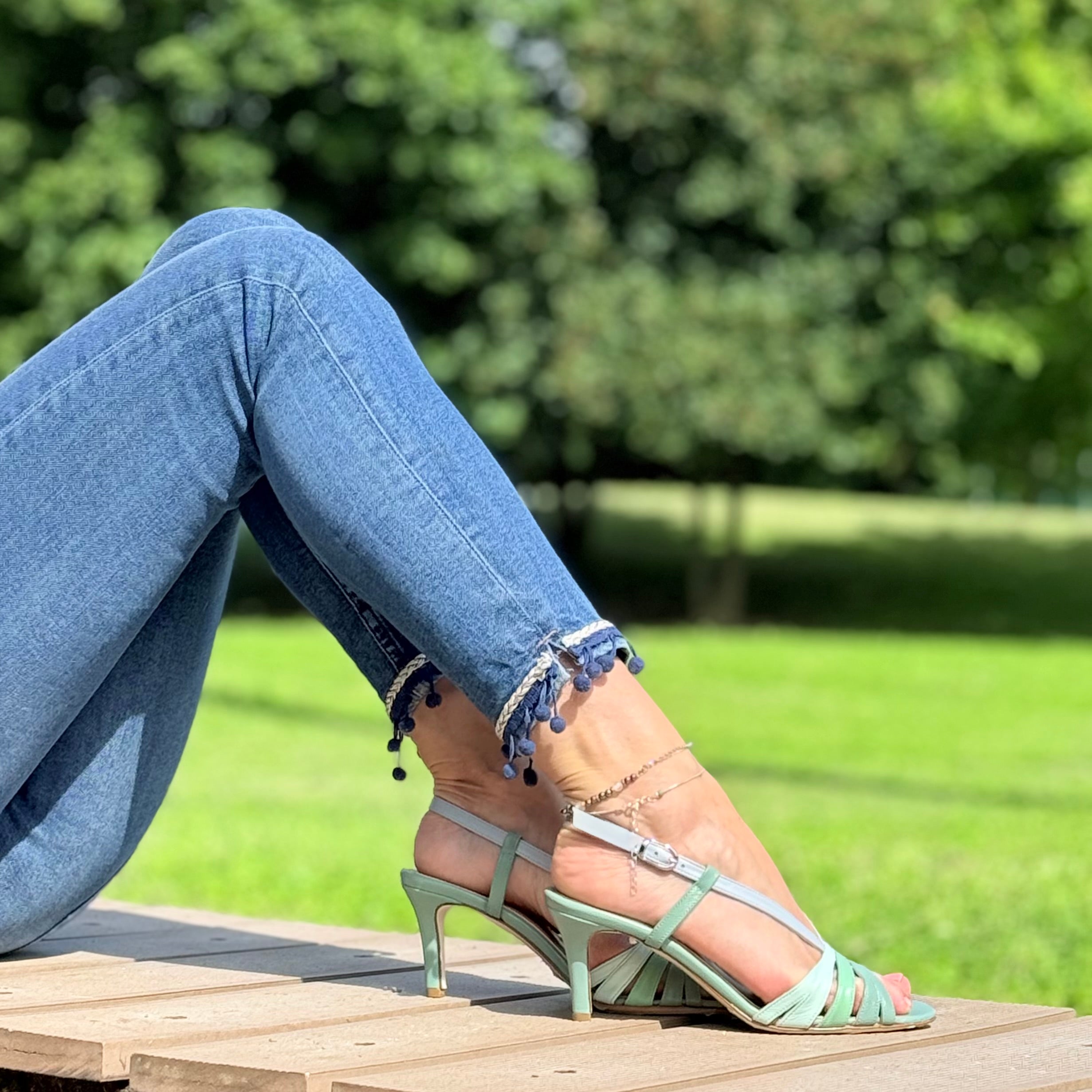 Image of Penta Ocean sandalo chanel in nappa azzurra tacco 7 artigianale toscana