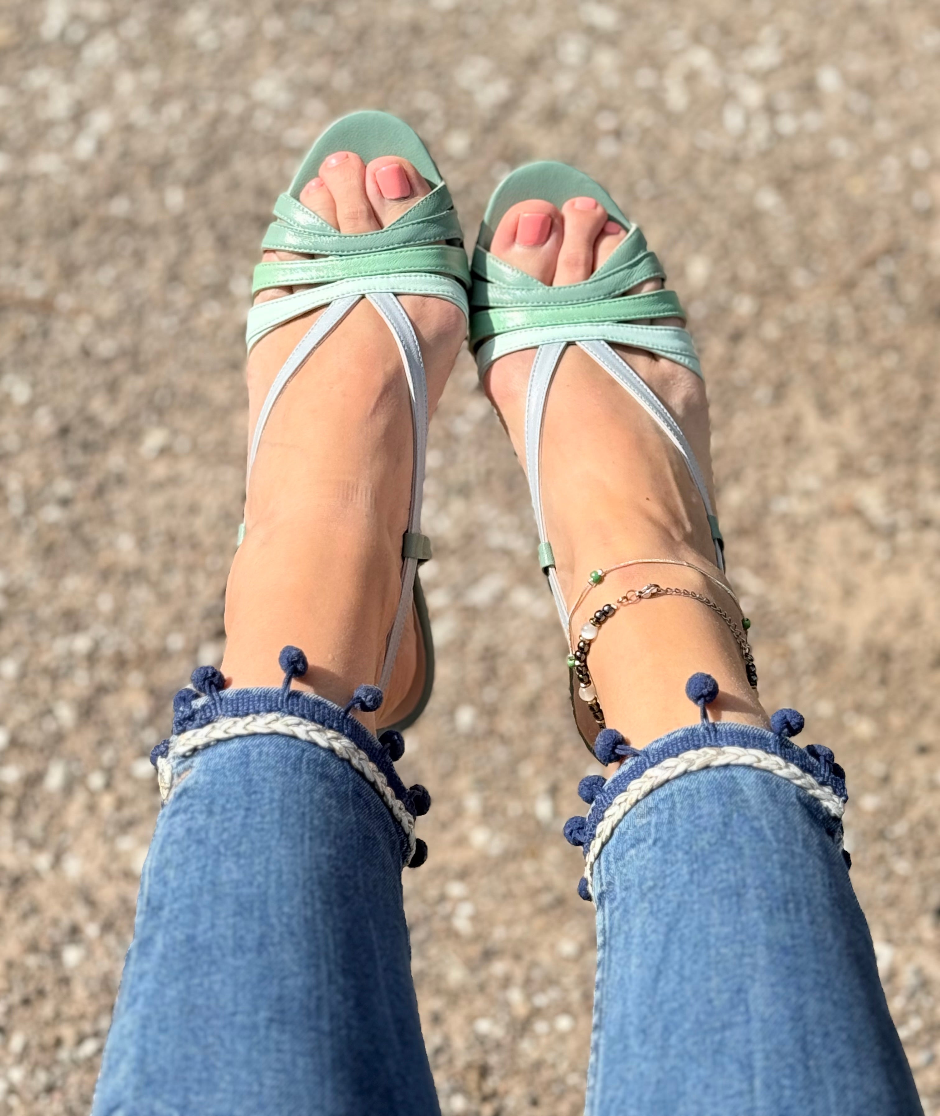 Image of Penta Ocean sandalo chanel in nappa azzurra tacco 7 artigianale toscana