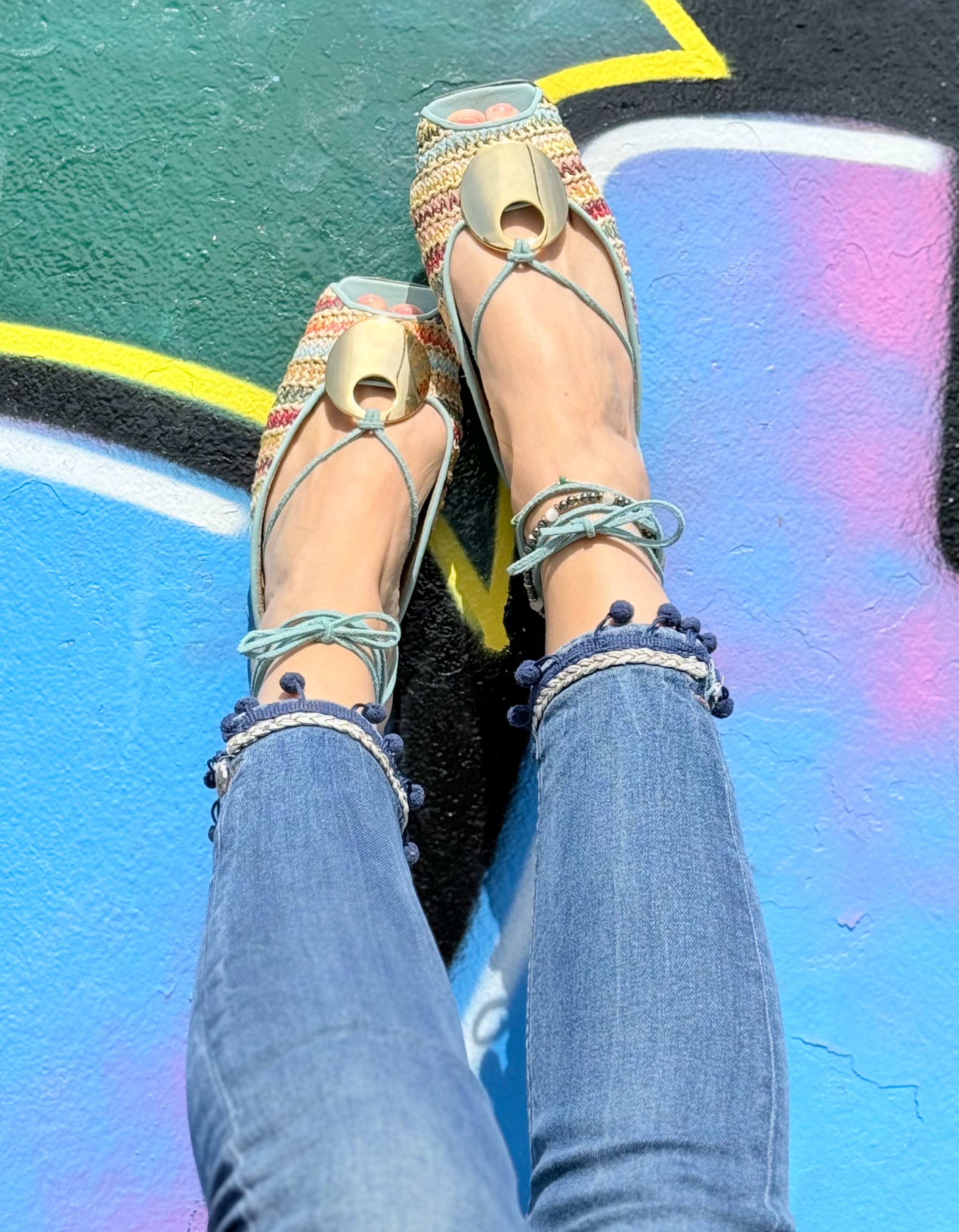 Image of Zina Rafia scarpina in rafia multicolore tacco 2cm artigianale marchigiana