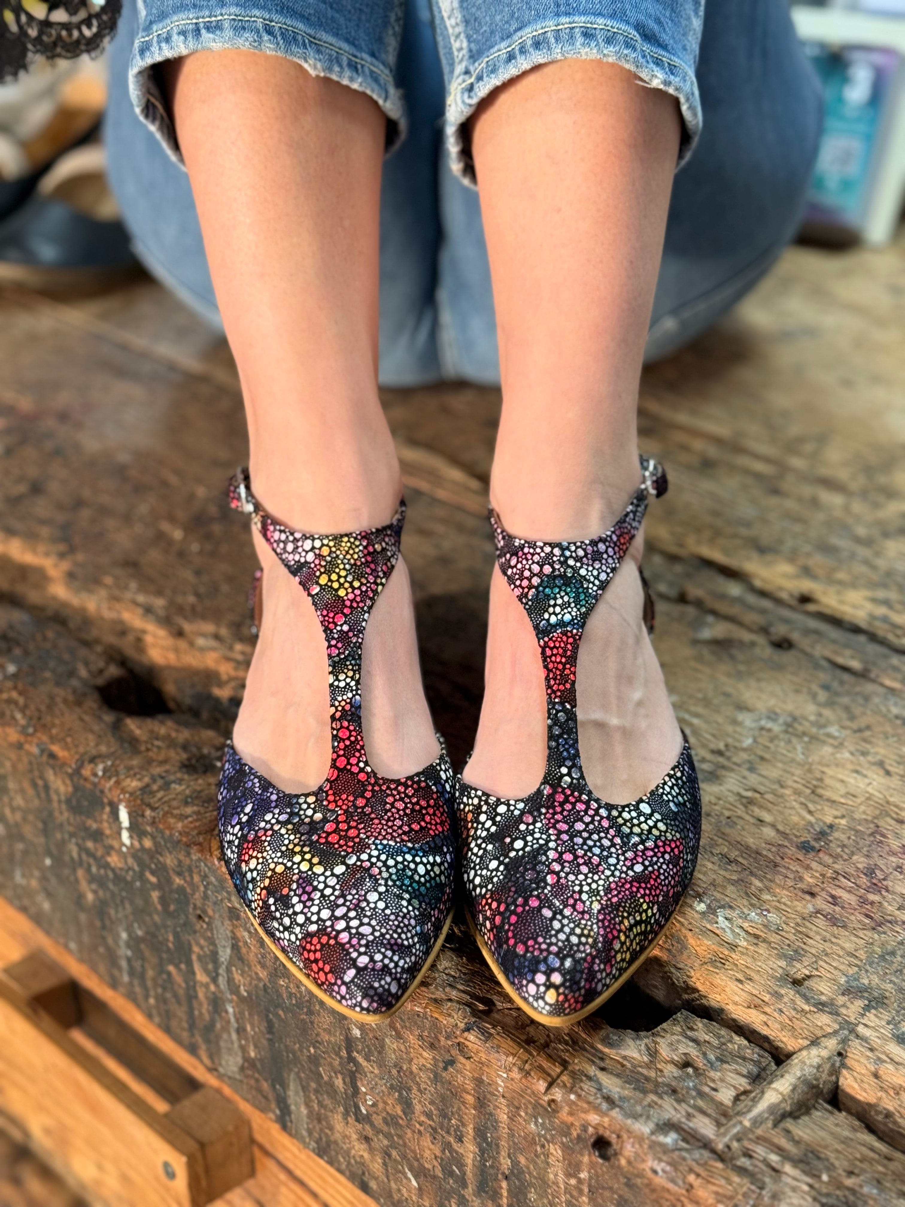 Image of Lucy Multi scarpina bassa t-bar in nappa multicolor - tacco 2 cm artigianale marchigiana