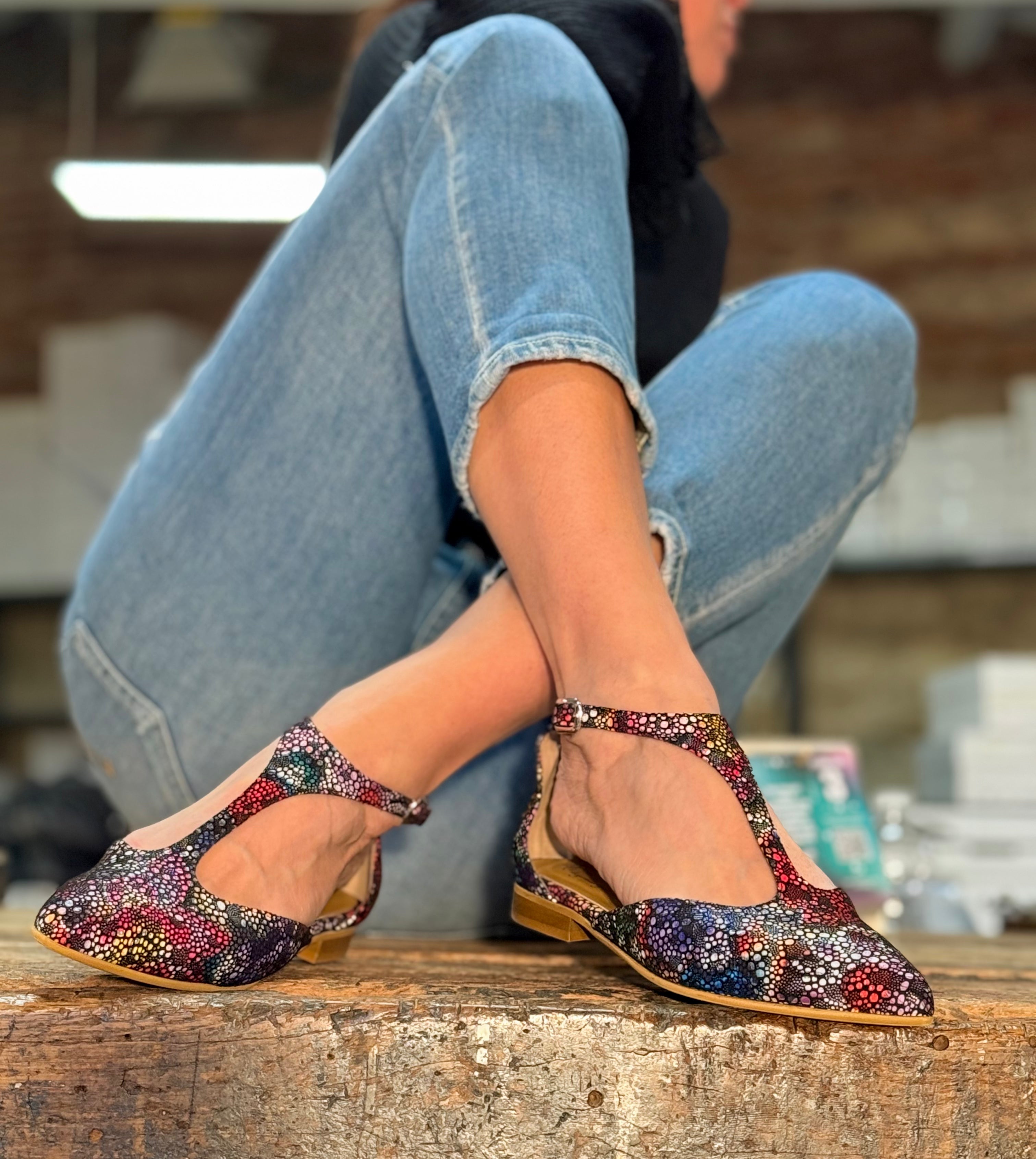 Image of Lucy Multi scarpina bassa t-bar in nappa multicolor - tacco 2 cm artigianale marchigiana