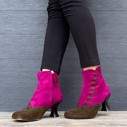Image of MaryPoppins Fuxia tronchetto stile vintage in camoscio marrone e fuxia artigianale Lagattaconglistivali