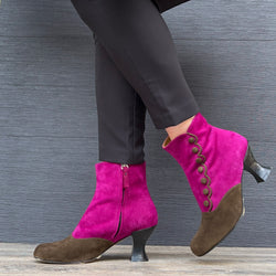 Image of MaryPoppins Fuxia tronchetto stile vintage in camoscio marrone e fuxia artigianale Lagattaconglistivali