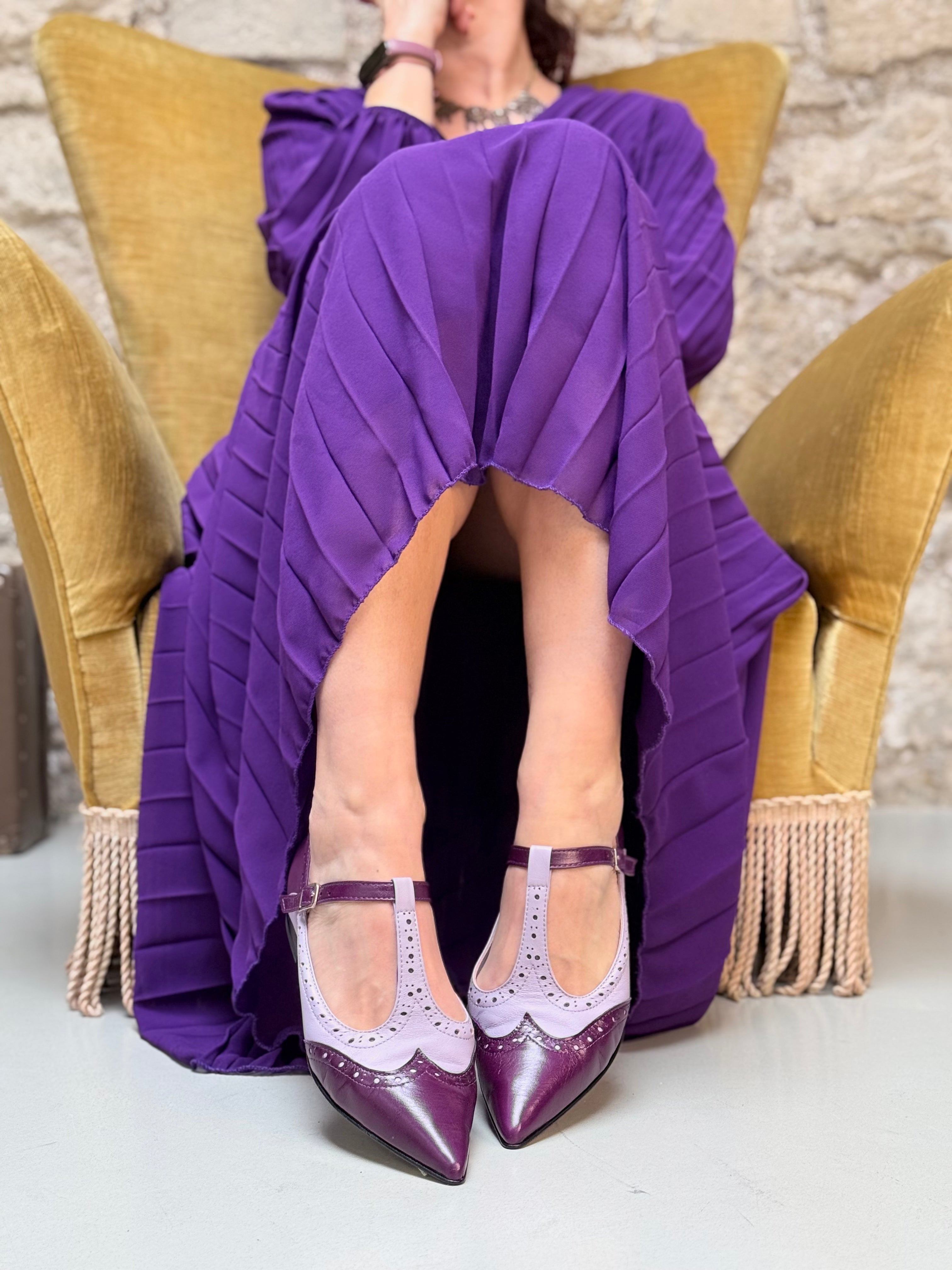 Image of Wendy Uva scarpina bassa a sacchetto in nappa viola e glicine tacco 1.5 artigianale marchigiana