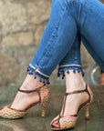 Lanai Rafia sandalo t bar open toe con tacco in rafia multicolor e nappa artigianale