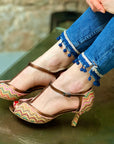 Lanai Rafia sandalo t bar open toe con tacco in rafia multicolor e nappa artigianale