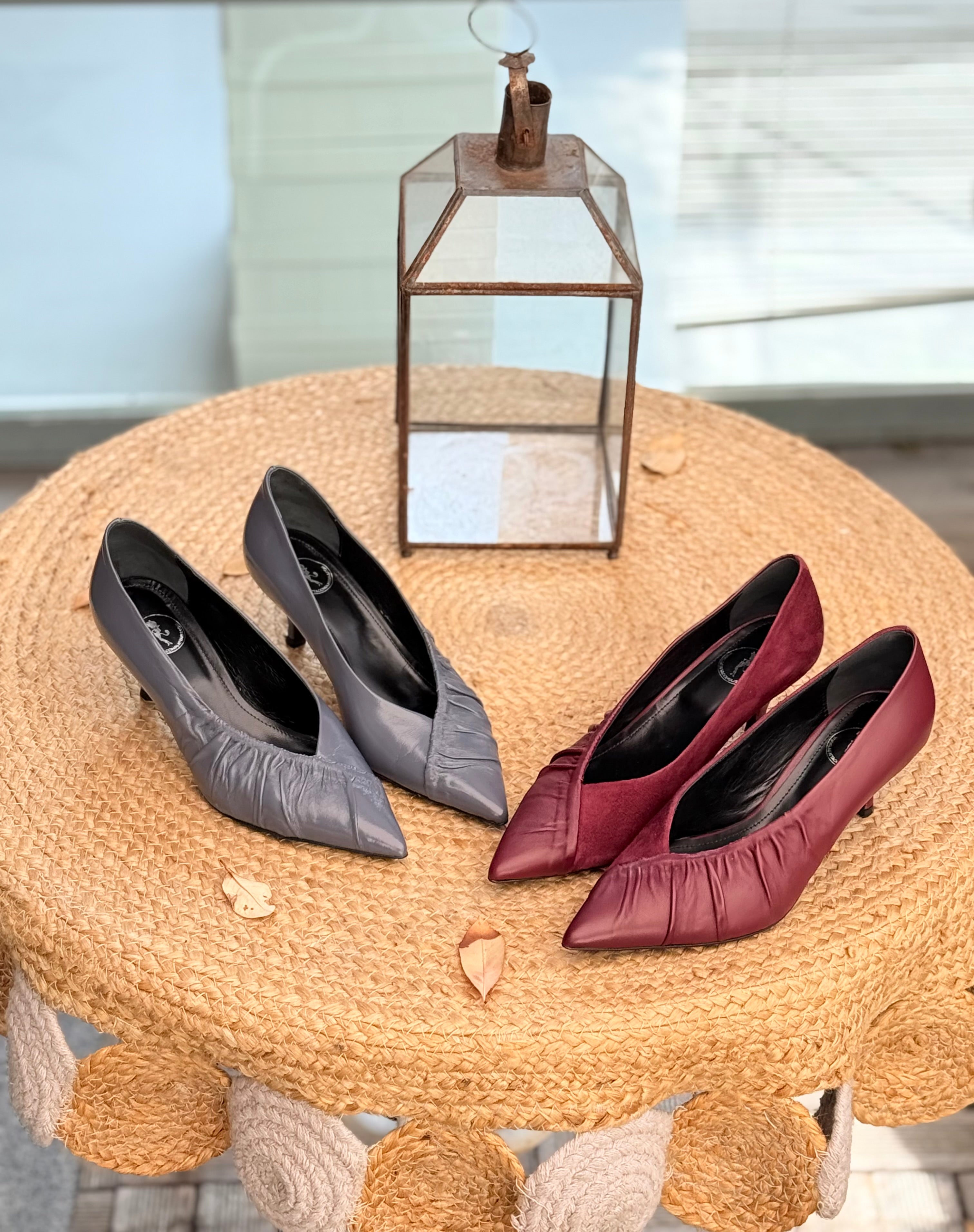 Libby Wine decolleteè  in nappa e camoscio bordeaux  tacco 6 cm lavorazione artigianale marchigiana