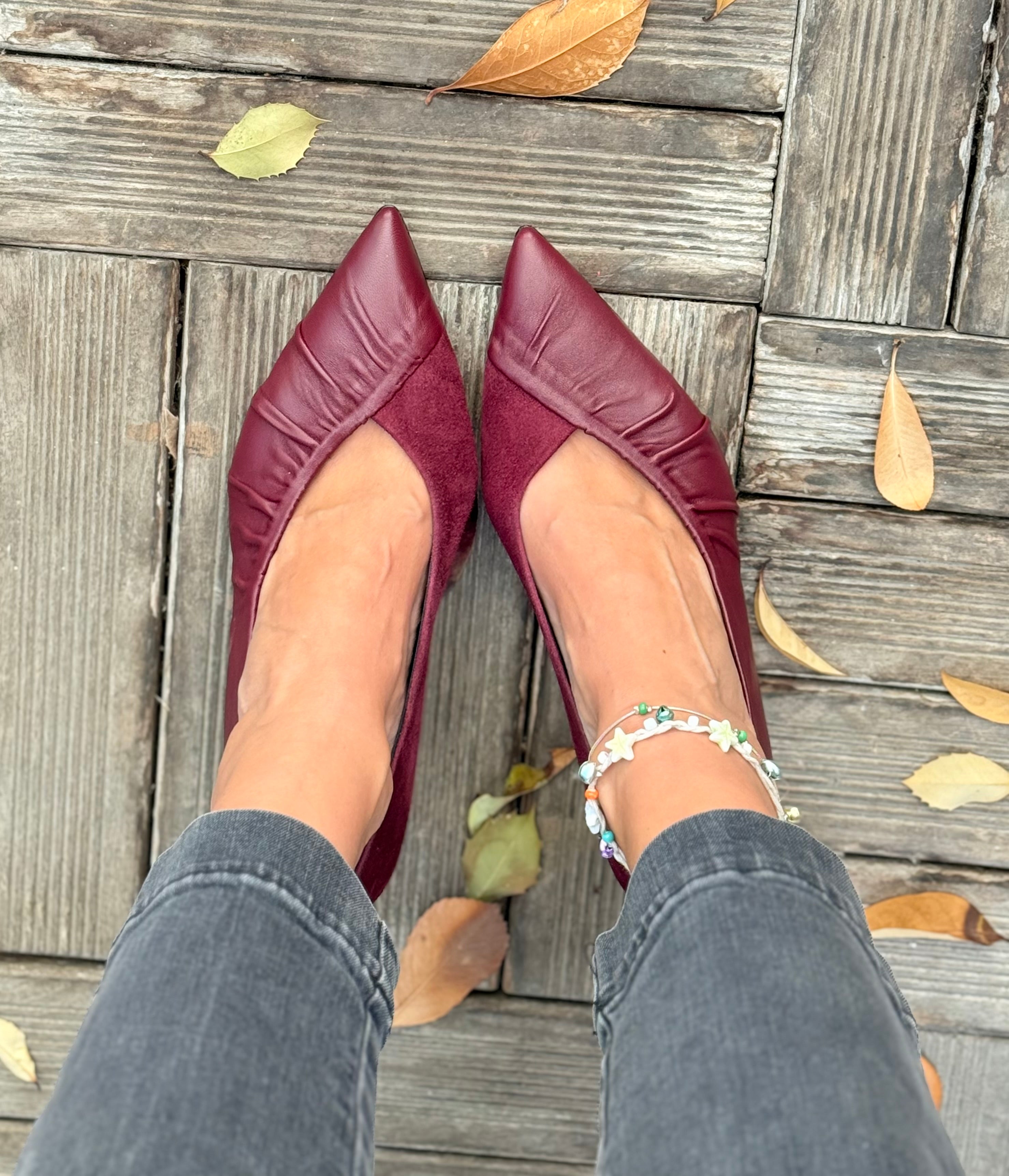 Libby Wine decolleteè  in nappa e camoscio bordeaux  tacco 6 cm lavorazione artigianale marchigiana
