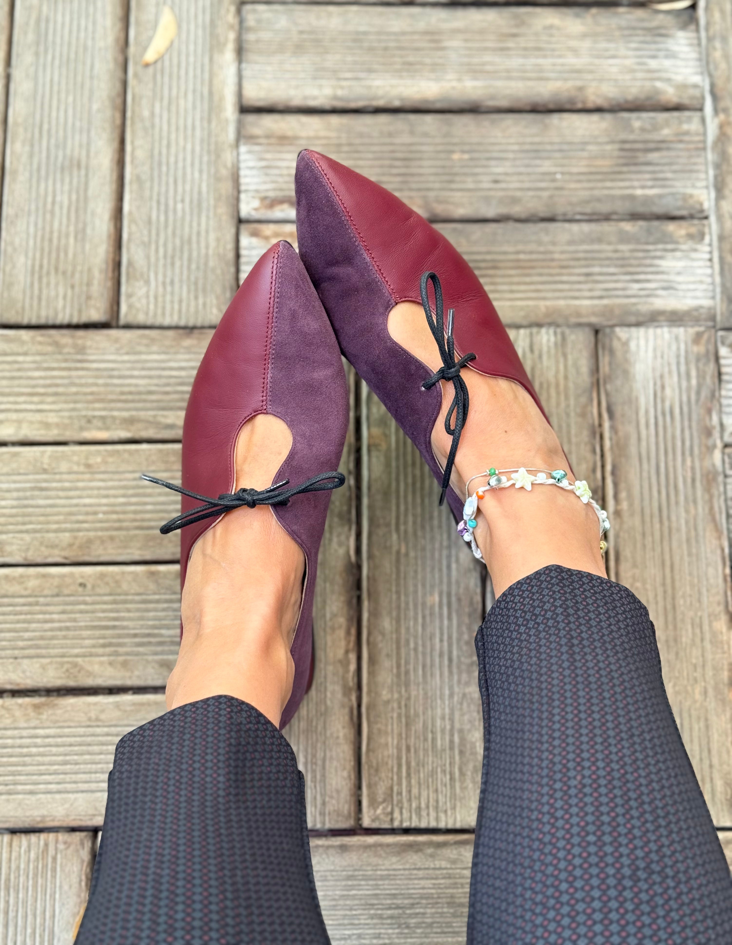 Image of Jessica Wine scarpina bassa in nappa e camoscio bordeaux artigianale pugliese