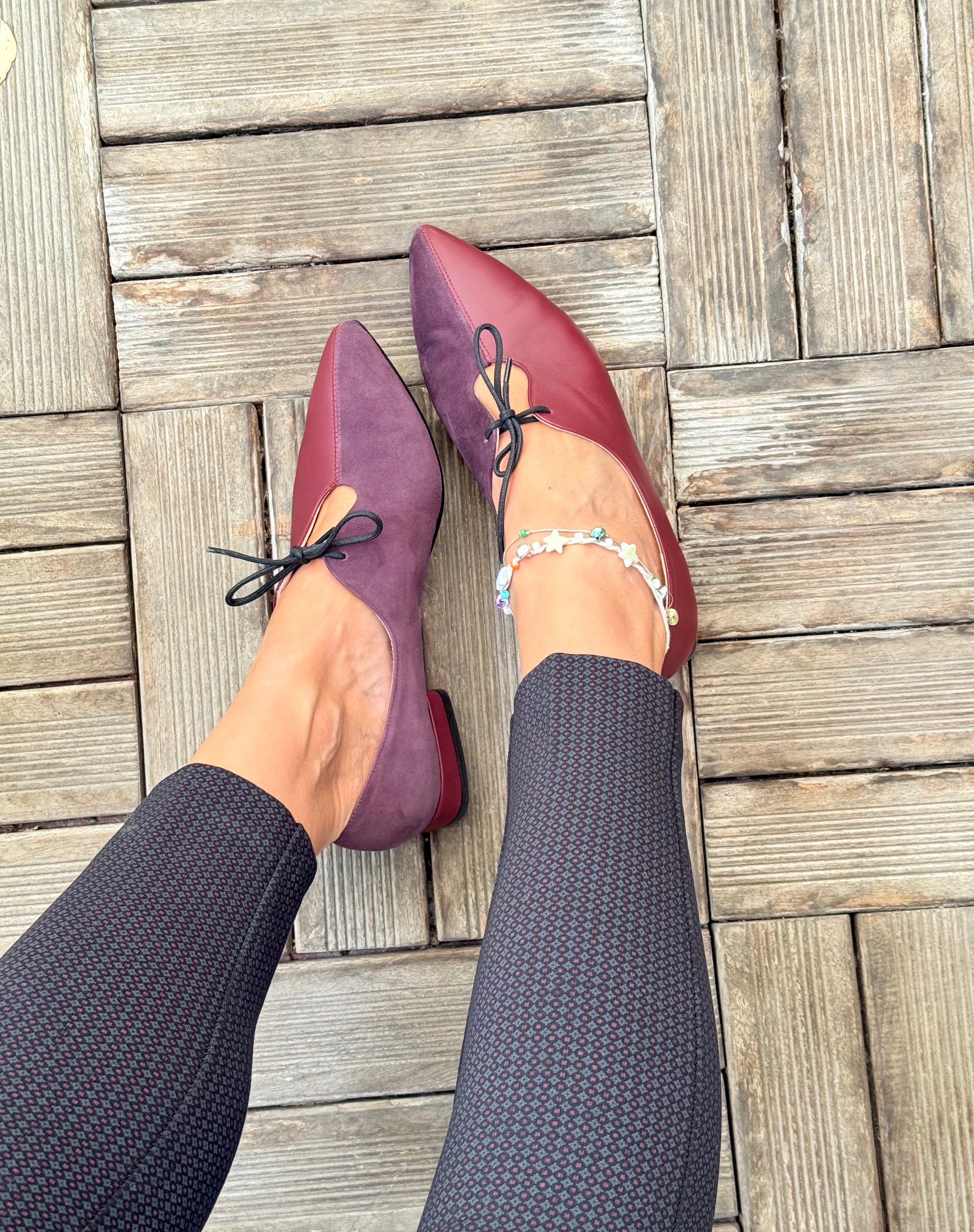 Image of Jessica Wine scarpina bassa in nappa e camoscio bordeaux artigianale pugliese