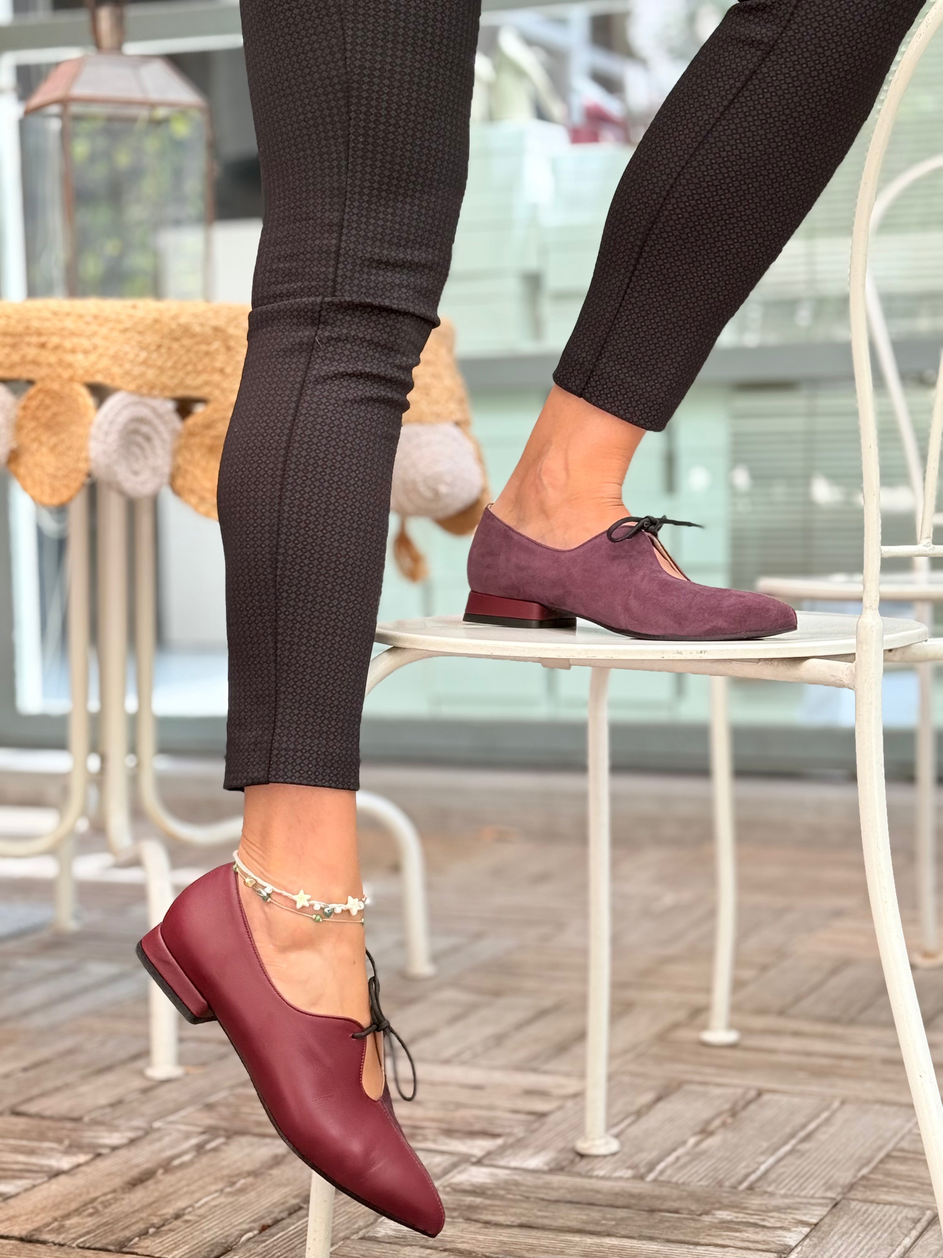 Image of Jessica Wine scarpina bassa in nappa e camoscio bordeaux artigianale pugliese