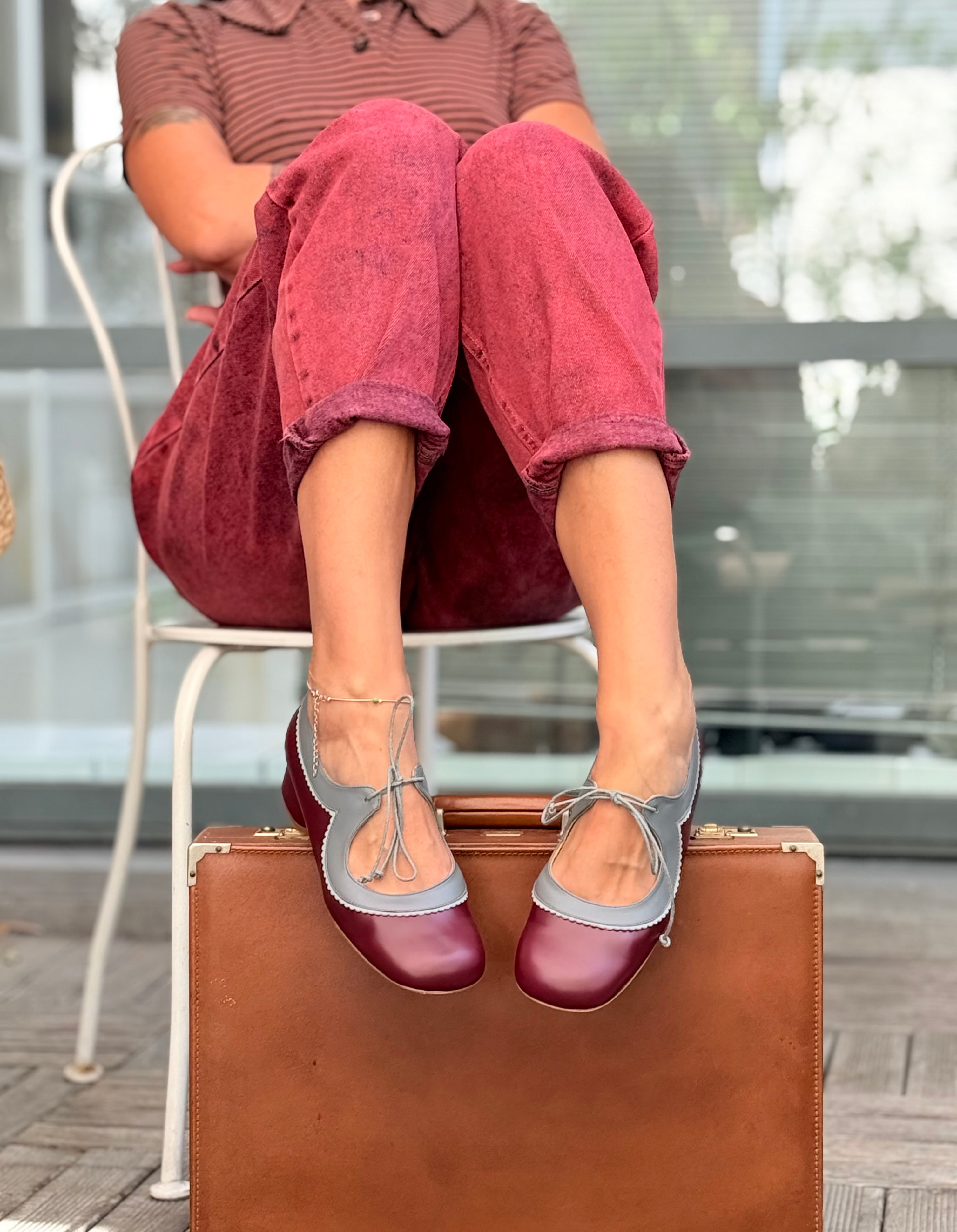 Edith Wine scarpina in pelle bordeaux con lacci tacco 4 cm artigianale marchigiana