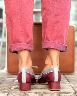 Image of Edith Wine scarpina in pelle bordeaux con lacci tacco 4 cm artigianale marchigiana