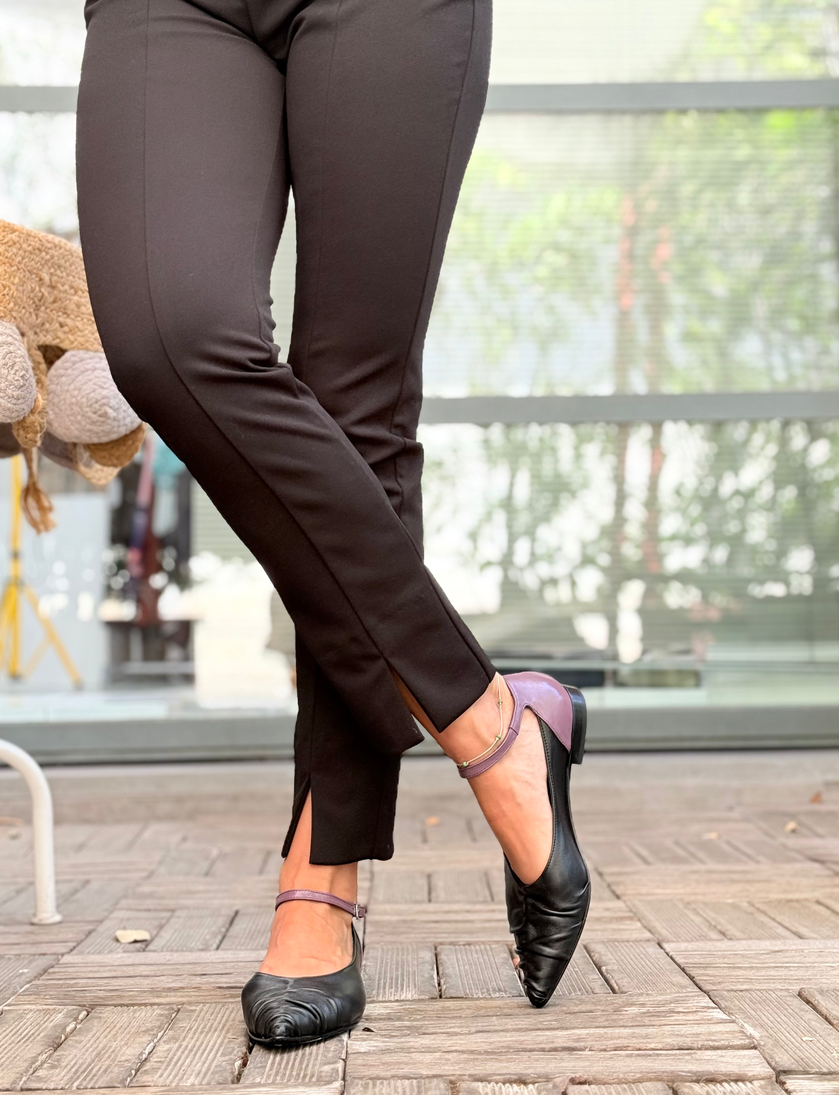 Benza Black ballerina a sacchetto con cinturino in nappa nera tacco 1.5 artigianale marchigiana