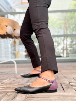 Image of Benza Black ballerina a sacchetto con cinturino in nappa nera tacco 1.5 artigianale marchigiana
