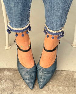 Image of Benza Blue ballerina a sacchetto con cinturino in nappa blu tacco 1.5 artigianale marchigiana